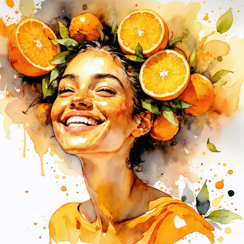 A radiant watercolor portrait of a joyful person with bright orange-toned skin and a textured peel-like finish. Hair composed of curling orange slices and tiny citrus blossoms. Warm golden light bleeds into watercolor washes of tangerine, lemon, and leafy green. Floating orange wheels and sunny flares orbit the figure. Light brushstrokes, citrus mist, and glowing watercolor bloom effects create a fresh, uplifting mood.

