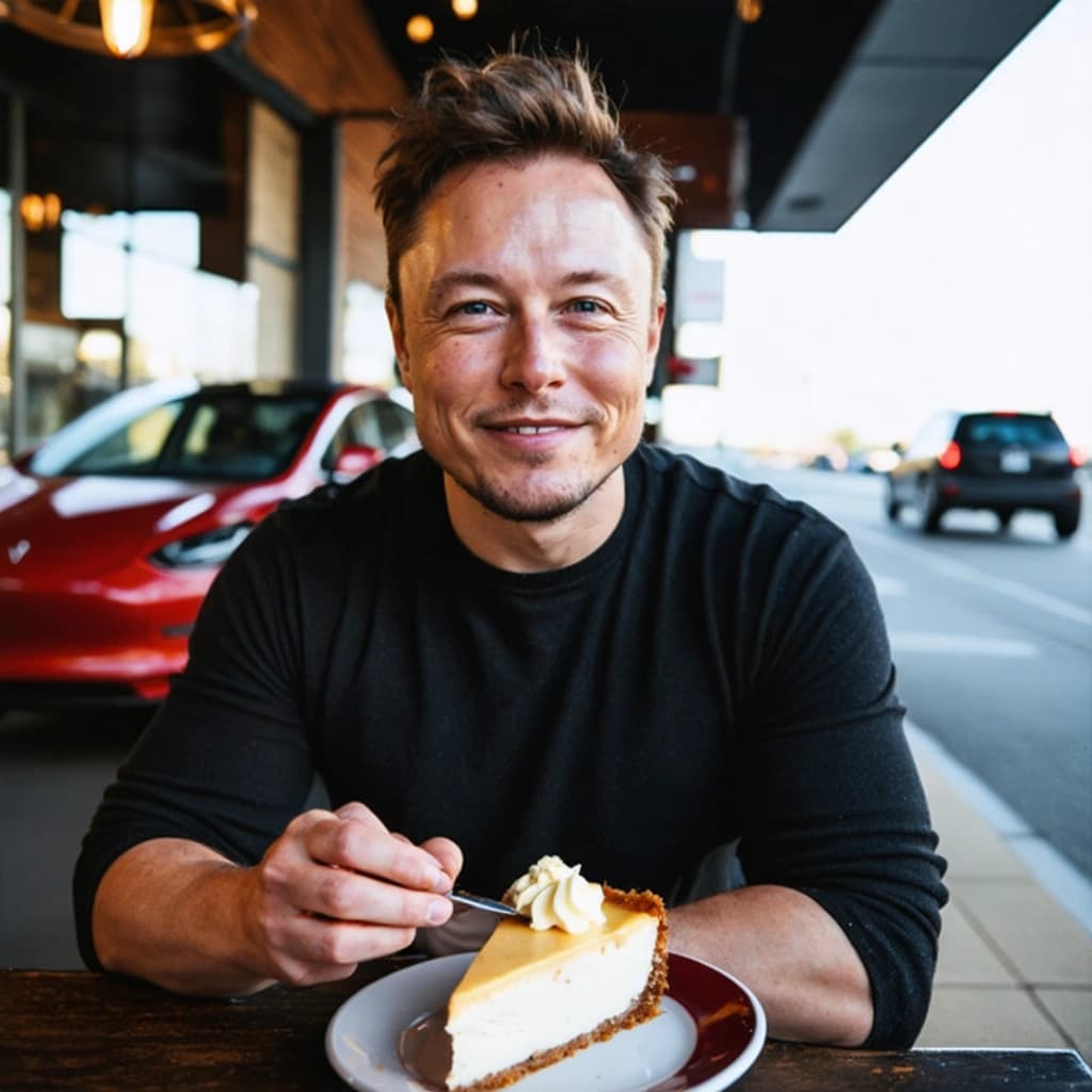Craft a photographic image capturing a candid moment of Elon Musk, with a soft smile, as he enjoys a slice of cheesecake at a roadside cafe. The scene is bathed in soft natural light coming from the side, highlighting the warm tones of the environment with pops of red from a Tesla parked nearby. Utilize a Rule of Thirds composition to balance the image, focusing sharply on the cheesecake in the foreground to create a shallow depth of field, which softly blurs Musk and the unique architectural details of the cafe in the background. Aim for a warm, inviting atmosphere that feels spontaneous and genuine, with the camera capturing this moment in 8k resolution, showcasing highly detailed, realistic textures and a cinematic depth that makes the viewer feel as though they're sharing the table with Musk.