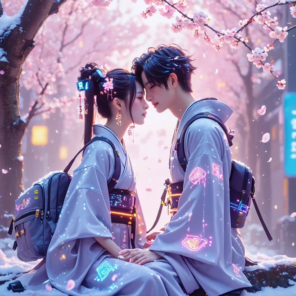 Envision two East Asian young adults sharing a tender moment beneath a cascade of cherry blossoms, sitting closely with one leaning gently on the other's shoulder. Their clothing, a futuristic reinterpretation of traditional kimonos, seamlessly integrates with the vibrant, pastel-toned cyberpunk landscape of Tokyo. This scene is alive with floating trains, softly glowing neon signs, and holographic accessories that complement their distinct hair colors. Floating cherry blossom petals, along with the subtle hand-holding gesture, enhance their emotional connection. The backdrop, a soft watercolor of Tokyo’s skyline, features augmented reality overlays and futuristic transparent umbrellas, juxtaposing the natural beauty of cherry blossoms with the pulsating cyberpunk elements. The painting should evoke a sense of calm and comfort, with soft lines, translucent layers, and ethereal lighting that create an impressionistic, hand-painted feel.