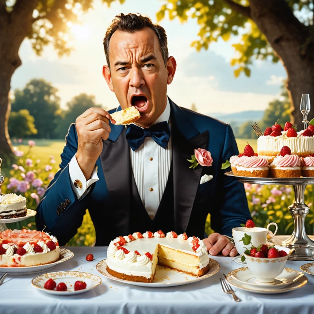 Create a highly detailed, 8k resolution photographic image capturing the essence of a vintage formal picnic. The main subject, Tom Hanks, is dressed in classic formal attire with a comedic twist, sitting off-center in the frame. He's making an exaggerated grumpy face while eating a cheesecake that has a single bite taken out of it. The lighting is soft and diffused, highlighting the smooth textures of the scene and the muted pastel tones of the setting. The composition is viewed from a bird's eye perspective, emphasizing the shallow depth of field to focus on Tom and the cheesecake, surrounded by a vintage picnic setup. The image should carry a nostalgic mood through the use of a vintage film filter, ensuring the environment feels enclosed and intimate with a close-up framing. Pay special attention to realistic textures, especially in the portrayal of the cheesecake and Tom's attire, to enhance the authenticity of the scene.