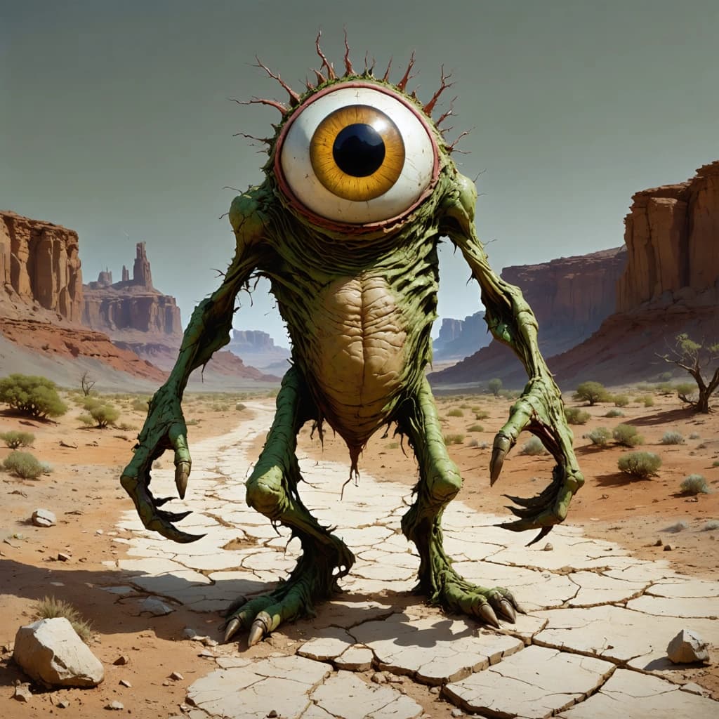 A strange creature with a single large eye in the center of its face, no visible mouth, one oversized hand, and two huge toes. It walks slowly through a barren, earthy landscape—dirt paths, cracked ground, and dusty wind. The creature has wrinkled, textured skin in warm brown, mossy green, and clay red tones. Stylized anatomy, surreal proportions, creepy but calm atmosphere. Illustrated in high detail, concept art style, trending on ArtStation, earthy muted tones, soft lighting, weird fantasy creature design.