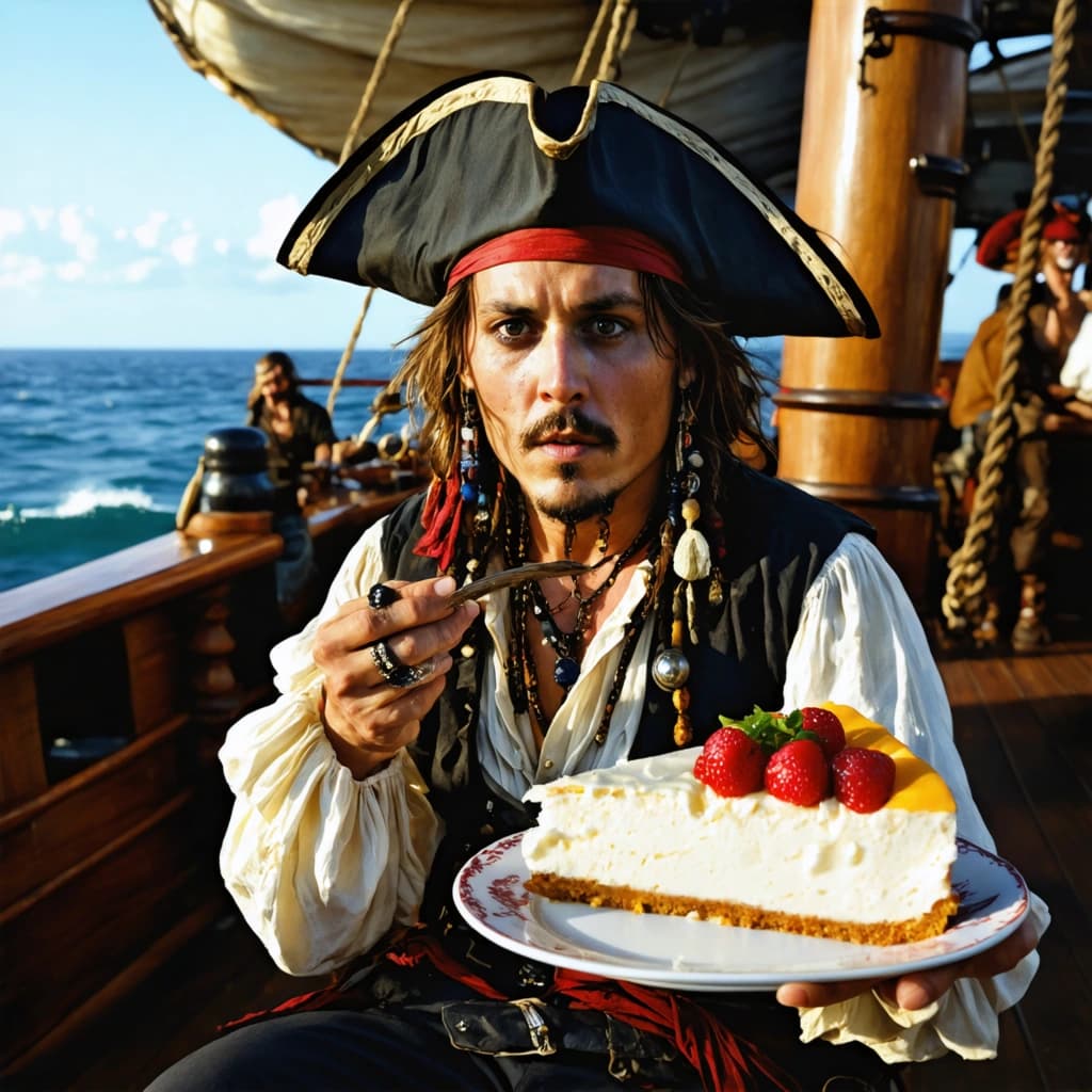 Create a high-resolution, photographic image capturing Johnny Depp, dressed in his iconic pirate attire, in the midst of enjoying a slice of cheesecake. The setting is the deck of a ship, bathed in the soft, natural light of a sunny day, which highlights the rich, warm tones of the scene. Depp is framed according to the Rule of Thirds, with a low angle perspective emphasizing his surprised expression as the wind playfully tosses his hair and the fabric of his costume. The focus is sharply on the cheesecake, with a shallow depth of field blurring the surrounding details slightly, drawing the viewer's eye directly to the action. Surrounding him are authentic pirate paraphernalia, contributing to the atmosphere without overwhelming it. The weathered wood texture of the ship and the clear skies above set a vivid backdrop. The image should exude a sense of dynamic movement and emotion, capturing this unexpected moment with cinematic composition and realistic textures.