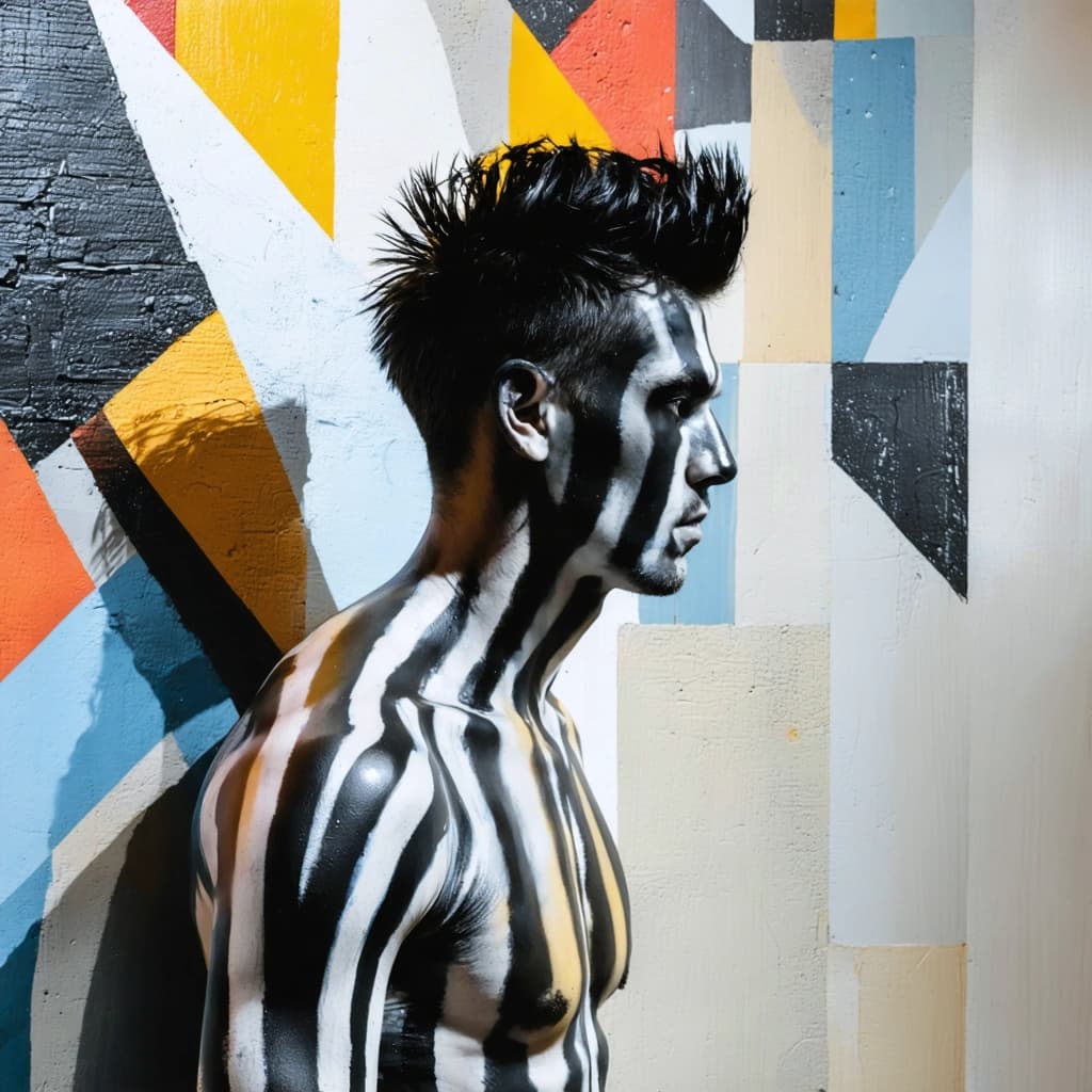 Craft a photographic masterpiece featuring a man standing motionless against an intricately painted wall. His body and spiked hair are adorned with hyper-realistic striped body paint, meticulously matched to the abstract mural behind him, creating a striking camouflage illusion. The scene is captured through the lens of an 85mm camera, utilizing a shallow depth of field to distinctively isolate the man from the background, while a sharp, dramatic side lighting accentuates the surreal atmosphere and casts subtle shadows that hint at his presence. The skin texture is photorealistic, showcasing subtle pores and imperfections, and the spiked hair details are enhanced for sharp contrast. Incorporate a bird's eye view to fully capture the camouflage effect, and utilize negative space creatively to emphasize the man's integration with the mural. The composition should be symmetrical, with reflections and surreal elements subtly introduced to enrich the illusion. The overall mood is editorial fashion photography, with a 4K resolution that highlights the intricate textures and patterns of the body paint, and a color contrast that vividly brings the man into focus against the mural.