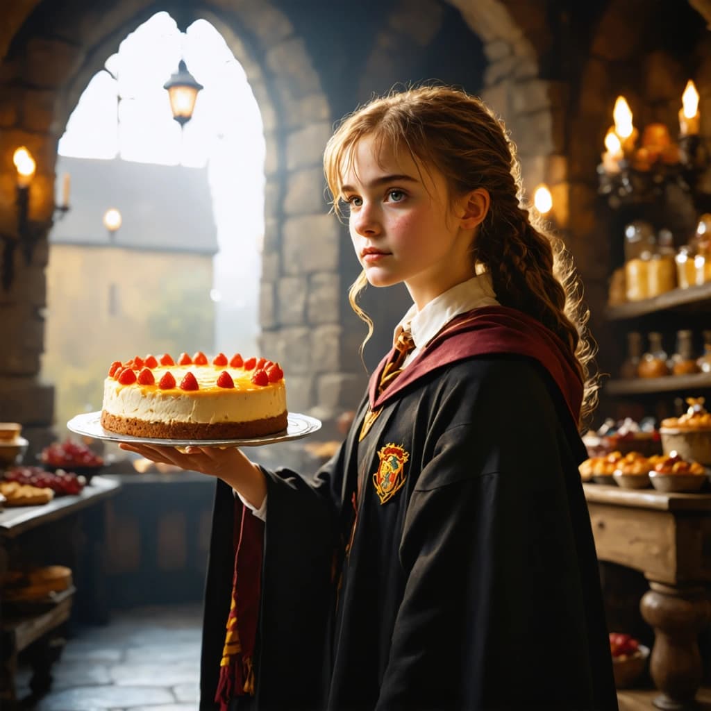 Craft a hyperrealistic image capturing Hermione from Harry Potter, adorned in wizarding robes, gazing intently at a cheesecake with a mix of wonder and craving. The scene unfolds in the heart of a magic school, bathed in soft ambient lighting that casts a warm glow across the scene, enhancing the intimate atmosphere. Hermione's pose is dynamic, reaching out towards the floating cheesecake, her eyes reflecting the magical glow of surrounding runes. A shallow depth of field focuses our attention on her, making the background of levitating books and a curious house-elf companion gently blur into bokeh. The composition adheres to the rule of thirds, creating a balanced and engaging frame. Warm tones dominate, lending the image a cozy, inviting quality. Magical elements like levitating objects and glowing runes add a layer of enchantment, while the macro close-up captures the texture and detail of the scene, especially the cheesecake, with realism. The emotional and magical ambiance is further enriched by the inclusion of a house-elf, peeking with interest from the side, adding depth to the magical school environment.