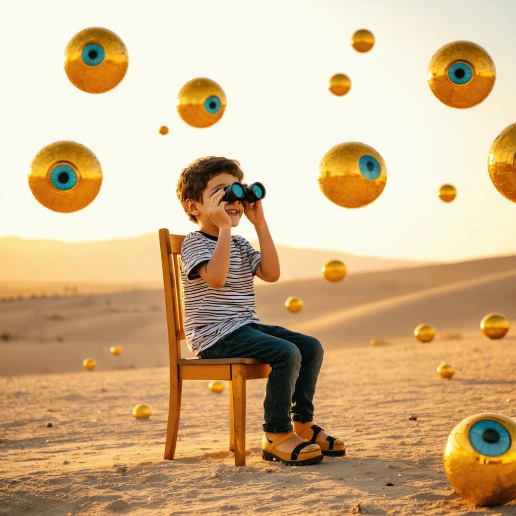 Envision a scene under a warm golden sunset, casting soft golden hour lighting across a vast, desert-like terrain. In this scene, a kid sits on a simple wooden chair, the main focus of our composition. He is dressed in a striped t-shirt and clogs, grinning mischievously as he peers through binoculars. His expression is one of pure, childlike wonder, capturing the essence of a close-up portrait shot. Surrounding him, mysterious round golden objects with teal eye-like patterns levitate and fall gently from the sky, some large enough to dominate the background, others merely peppering the scene, all reflecting the sunlight with a metallic sheen that adds a surreal atmosphere. The scene is captured with a hyper-realistic quality, focusing on the detailed texture of the sand, which is visible even in the soft shadows cast by the objects and the child. This setting employs a rule of thirds composition, ensuring the kid remains the central figure, with the vast landscape providing depth and scale. The surreal tones are accentuated by color grading, with a warm color palette that enhances the overall mood. Special attention is given to the selective focus on the kid, ensuring he remains sharply in focus against a slightly blurred background, creating a sense of depth. The metallic objects add a hint of an alien encounter, contributing to the storytelling elements. The entire image is captured in the style of a 4K, 85mm lens photography, emphasizing the contrast of light and dark, and ensuring the reflections in the metallic objects are crisp and clear.