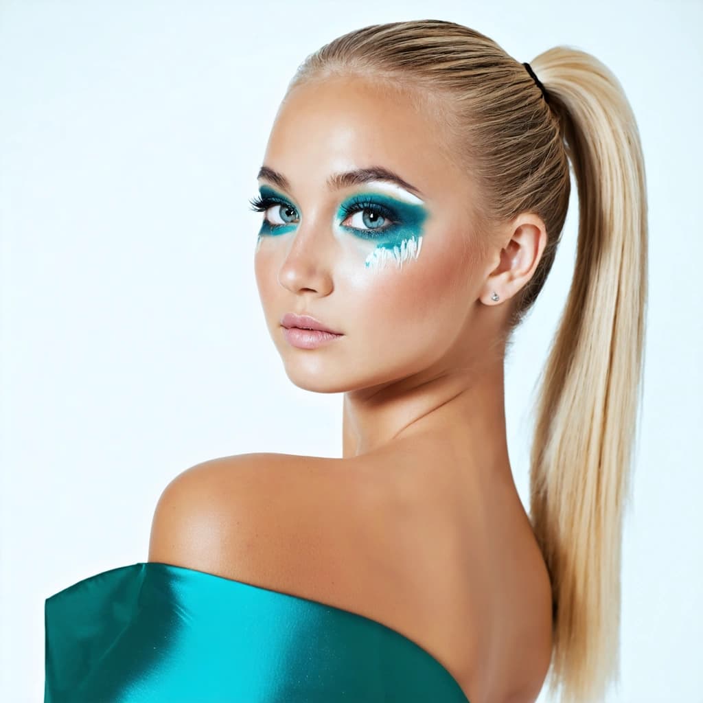 Craft a photographic image capturing a young woman with an artistic pose, directly engaging the camera with a confident gaze that mirrors the intensity and beauty of a kingfisher's eye. Her blonde hair is styled into a sleek ponytail, enhancing her bold, vibrant makeup inspired by the striking colors of a kingfisher - vivid blues, greens, and a touch of white around the eyes. She wears a dress that echoes these hues, creating a monochromatic color harmony that's both bold and artistic. The image should be illuminated with soft, natural light, highlighting the intricate details of her makeup, the texture of her dress, and the reflective quality of her statement earrings. Compositionally, the shot is dynamic, taken from an angled perspective that adds an element of depth and intrigue. The background is minimalist, ensuring the focus remains on her. The photograph should employ a shallow depth of field to softly blur the background, enhancing the sharp, detailed focus on her face and the accessories. Incorporate a double exposure effect subtly in the image to add a layer of complexity, hinting at the ethereal beauty of the kingfisher's natural habitat without overshadowing the main subject. The overall editing style should be vibrant, with color grading that accentuates the monochromatic scheme and brings the entire composition to life.