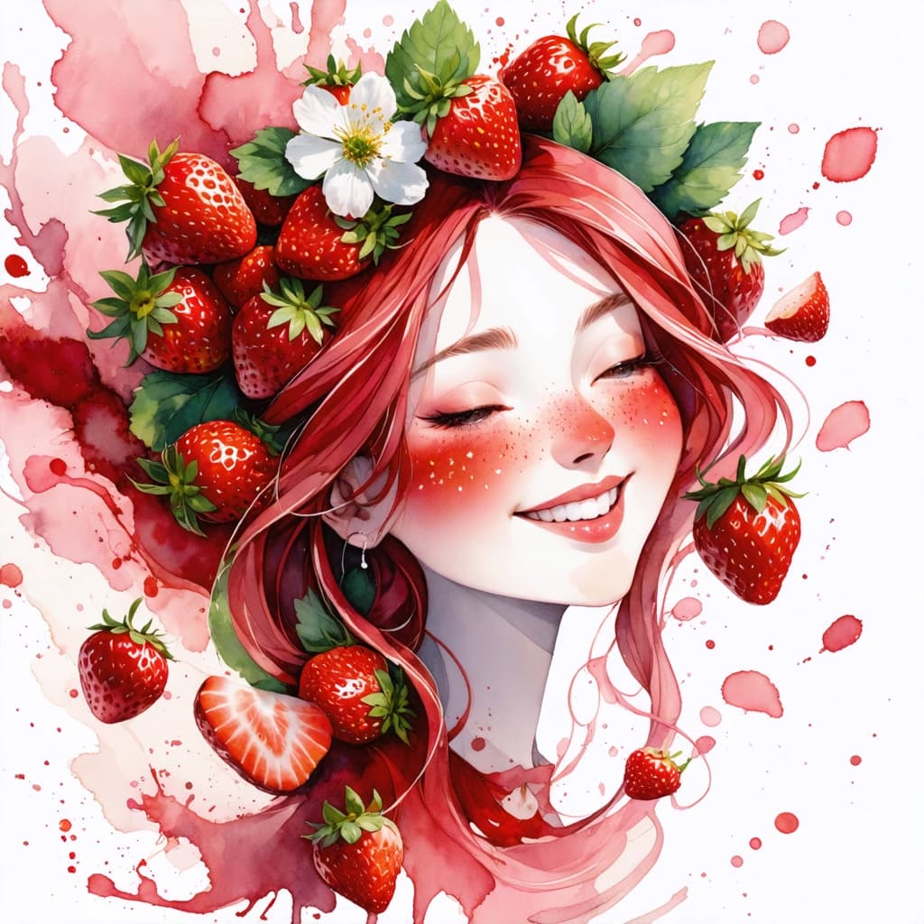 Envision a concept art portrait that captures the essence of a whimsical, smiling woman with strawberry-red skin, freckled by glossy, seed-like dots. Her hair flows like a river, streaked with vibrant shades of crimson and pink, and adorned with ripe strawberries, lush green leaves, and delicate white strawberry blossoms, as if nature itself crowned her. Surround her with a watercolor dream, where splashes of blush pink, ruby red, and leafy green dance in harmony, mingling with floating strawberry slices and petal textures. The scene is bathed in soft, warm sunlight, creating a fairytale mood with fluid brushstroke textures that enhance the watercolor effect. Add depth and atmosphere with a subtle mist, and let there be an ethereal glow around her, suggesting a magical presence. Scatter sparkles or fairy dust around, with glowing strawberry blossoms adding a touch of magic. The composition should play with negative space, creating dynamic movement as if wind is teasing her hair, while also emphasizing textures, especially on the strawberry slices. The entire scene should radiate warmth, with color balance adjusted for a sun-kissed effect, and her eyes should sparkle, embodying the joy and magic of the moment.