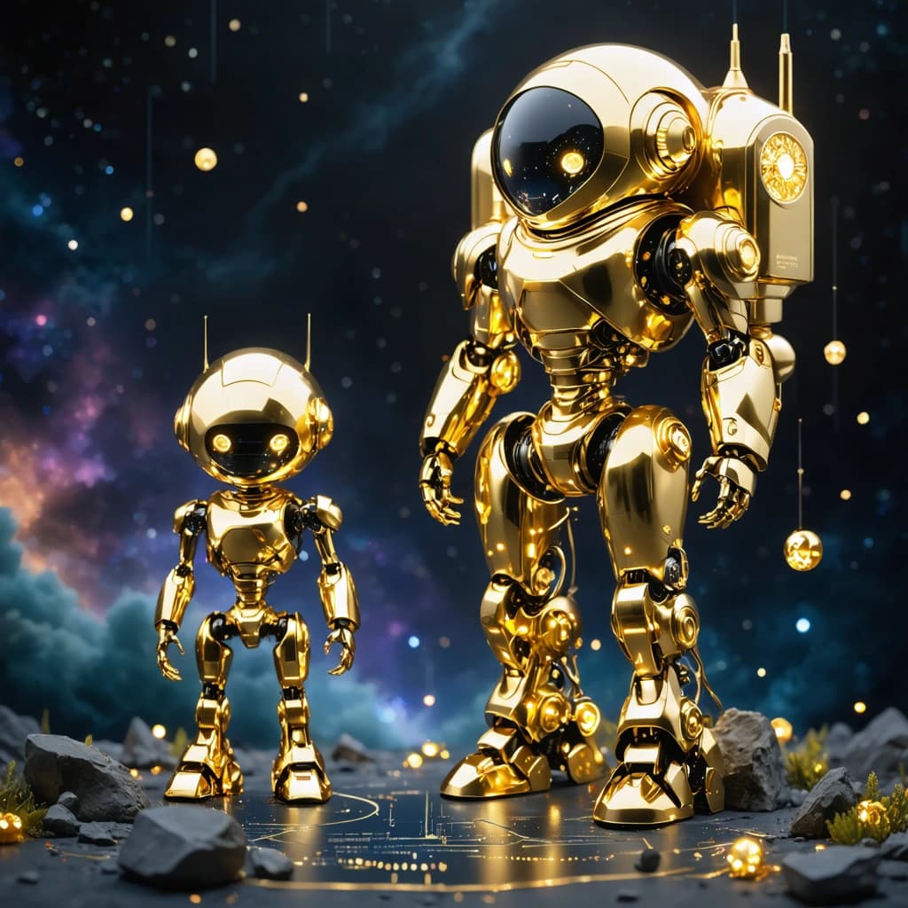 Imagine a scene that transcends the ordinary, where a golden robot stands majestically near its companion, a golden spaceship, both shimmering with a monochromatic gold palette. This robot, not just a figure of metal and circuits, emanates a powerful, glowing aura, signifying its otherworldly essence. The spaceship beside it undergoes a transformation, blending organic elements into its structure, creating a surreal fusion of technology and nature. They are set against a dramatic celestial background, where stars and nebulae paint a canvas of infinite wonder. The spaceship, caught in the moment of launch, leaves behind a trail of motion blur, its form merging with an electric storm that crackles across the sky. This storm not only lights up the scene with dramatic shadows but also highlights the metallic reflections on both the robot and spaceship, enhancing their intricate textures. Compositionally, the image strikes an asymmetrical balance, invoking a sense of dynamic tension and movement. At the heart of this scene lies a keyhole portal, a symbol of passage and discovery, inviting the viewer to ponder the mysteries beyond. The scale is deliberately distorted to emphasize the grandeur of the robot and spaceship against the vastness of the universe, creating a micro-macro contrast that challenges perceptions. Through this surreal depiction, we are invited to explore a realm where the boundaries between the mechanical and the organic, the minute and the colossal, are beautifully blurred.