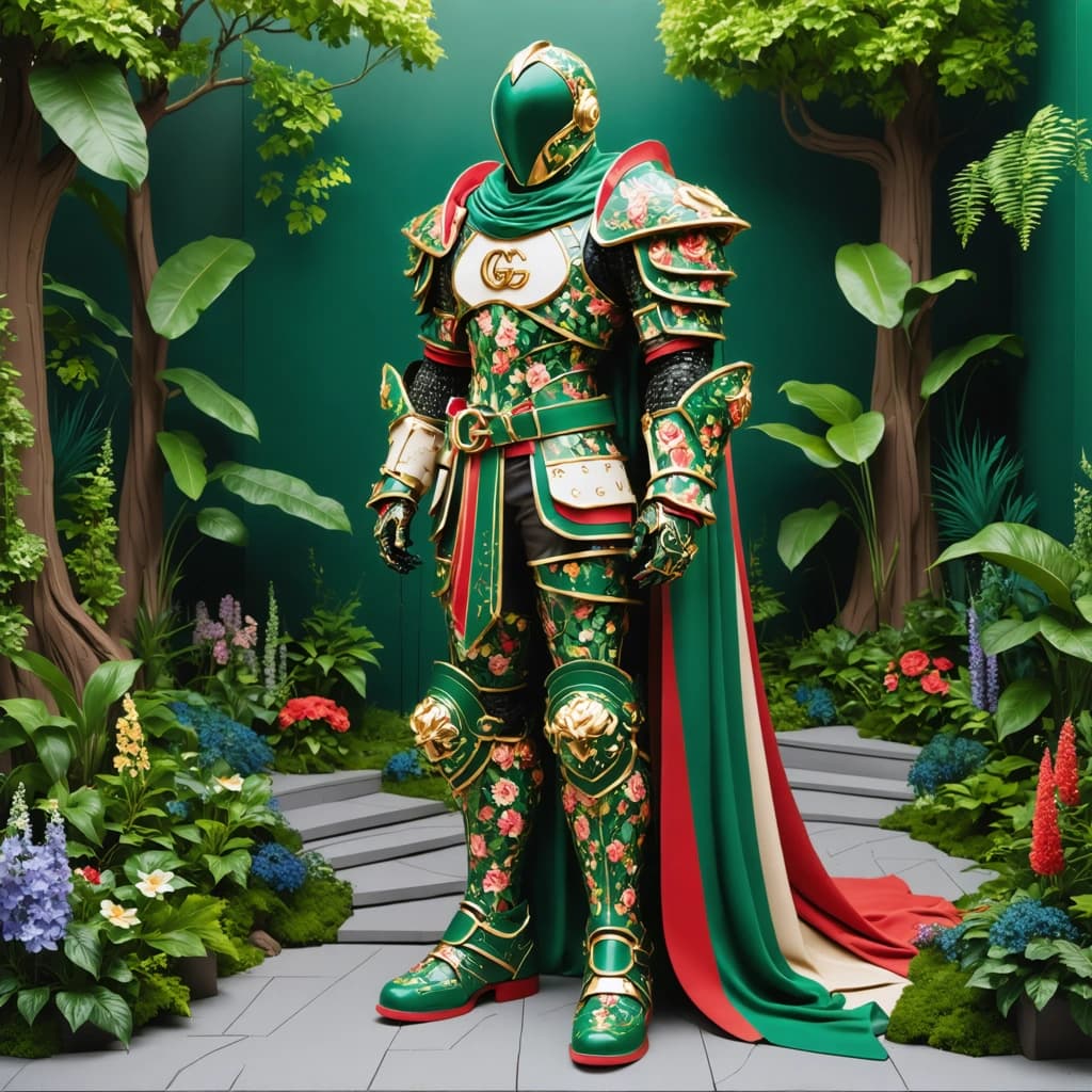 Isometric 3D scene of a majestic Gucci giant standing in a lush garden, armored with luxury fashion elements. The armor prominently features the glowing Gucci double-G logo on chest and gauntlets. Embedded throughout the armor are stylized Gucci shoes — sleek loafers and signature sneakers — forming intricate plating on the arms and legs, their shapes clearly recognizable yet artistically adapted to armor segments. Belts with classic green-red-green stripes wrap around the waist and thighs, doubling as reinforced armor bands with golden buckles shining. Flowing silk scarves in Gucci’s floral prints cascade from the shoulders and helmet, animated gently by a soft breeze, adding elegance and motion. The armor blends these accessories into a cohesive, futuristic warrior suit with luxurious textures — polished leather, glossy patent finishes, and embroidered fabrics. The giant stands poised amidst a lush garden filled with exotic plants and ornate marble paths, bathed in warm natural light. Composition uses rule of thirds to emphasize the layered fashion details and glowing logos. Style is stylized isometric 3D concept art, ultra-detailed, 8K resolution.