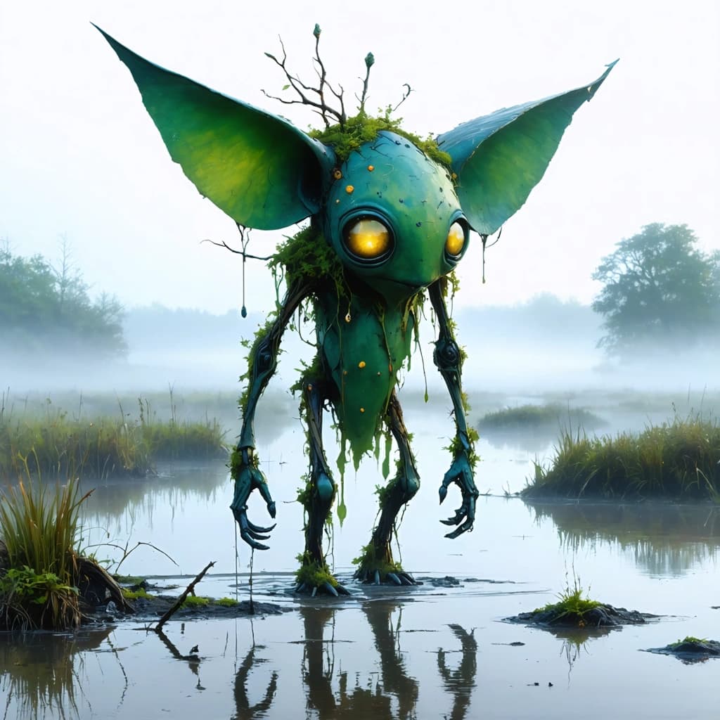 Envision a concept art piece that captures the journey of a surreal creature through a misty marsh. The main subject is an otherworldly being that ambulates on two massive, floppy ears, dragging them through the muddy terrain, leaving behind wet streaks. Its diminutive torso, perched between these ear-legs, is adorned with thin, twig-like arms and a lopsided head covered in a patchwork of moss. Sprinkled across its head are multiple tiny, glowing eyes, casting eerie luminescence, centered around a detailed, beak-like mouth. The creature's color palette is dominated by rich earth tones, with a focus on moss green and earthy brown, complemented by a watercolor texture to enhance its whimsical and eerie essence. Surrounding the creature, the background is a blend of mist and dappled light, with floating elements and vine wrappings that augment its whimsicality. The ground it traverses is richly textured, emphasizing the muddy terrain, while the exaggerated size of its ears adds a unique touch to its proportions. Floating objects, subtle mist, and a cinematic atmosphere contribute to an engaging narrative of its journey through the marsh.