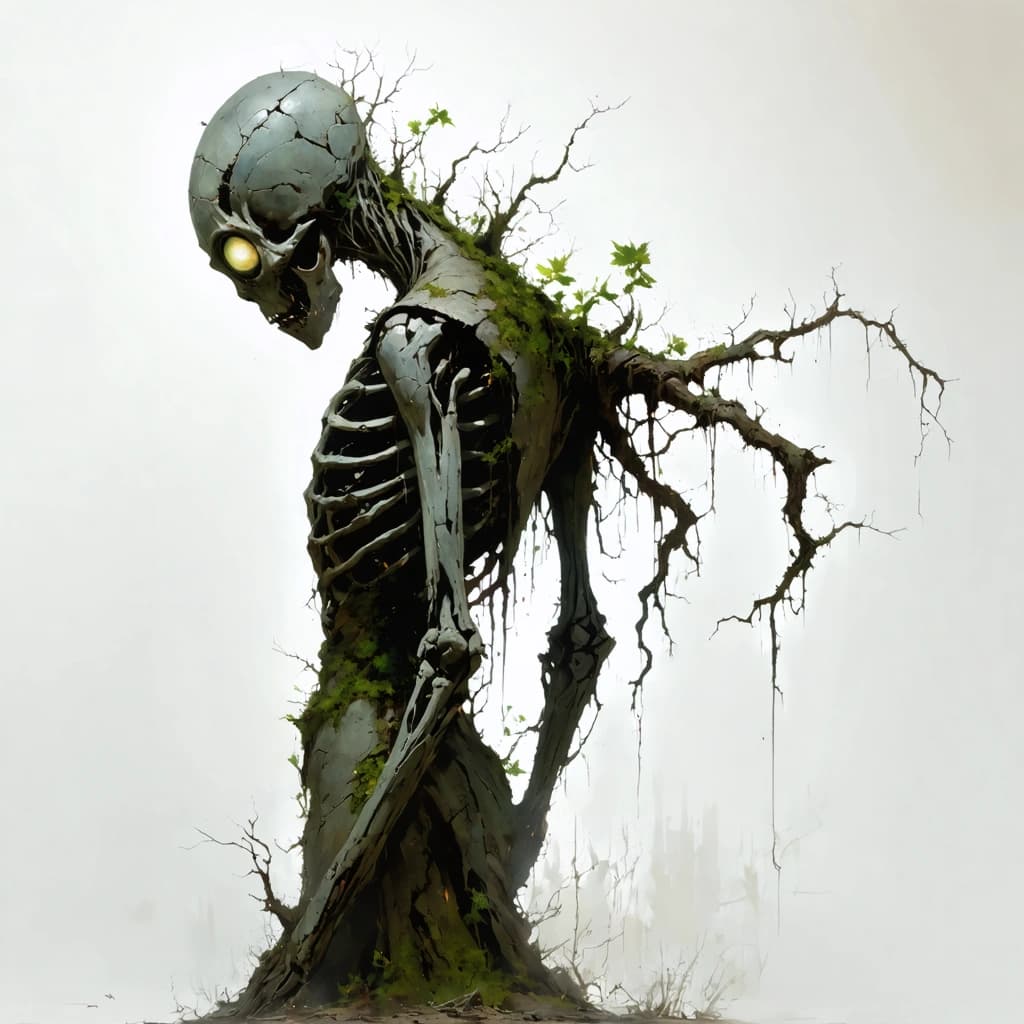 Craft a haunting piece of concept art depicting a creature with its face on the back of its head, eyes forever locked in a ghostly stare behind. This creature's limbs twist in unnatural, reversed angles, casting a distorted, eerie silhouette. Its skin, a tapestry of cracked bark and weathered hide, stretches over a gaunt frame. Thin ribs peek through, ensnared by strands of dried sinew and forest fibers, while an oversized hand trails behind, knuckles grazing the forest floor, stirring up whispers of dirt and moss. The creature seems cobbled from the very essence of the woodland, with bits of dirt, moss, and bone melded into its being, stitched crudely with nature’s thread. It stands in a misty, ethereal forest bathed in muted, diffused light that filters through a dense canopy, painting the scene in earthy tones of mud brown, dust gray, faded moss green, and muted gold. Render this unsettling yet organic tableau in a watercolor style, rich in detail and dark fantasy elements, to capture the dreamlike atmosphere of this dark, mist-enshrouded woodland.