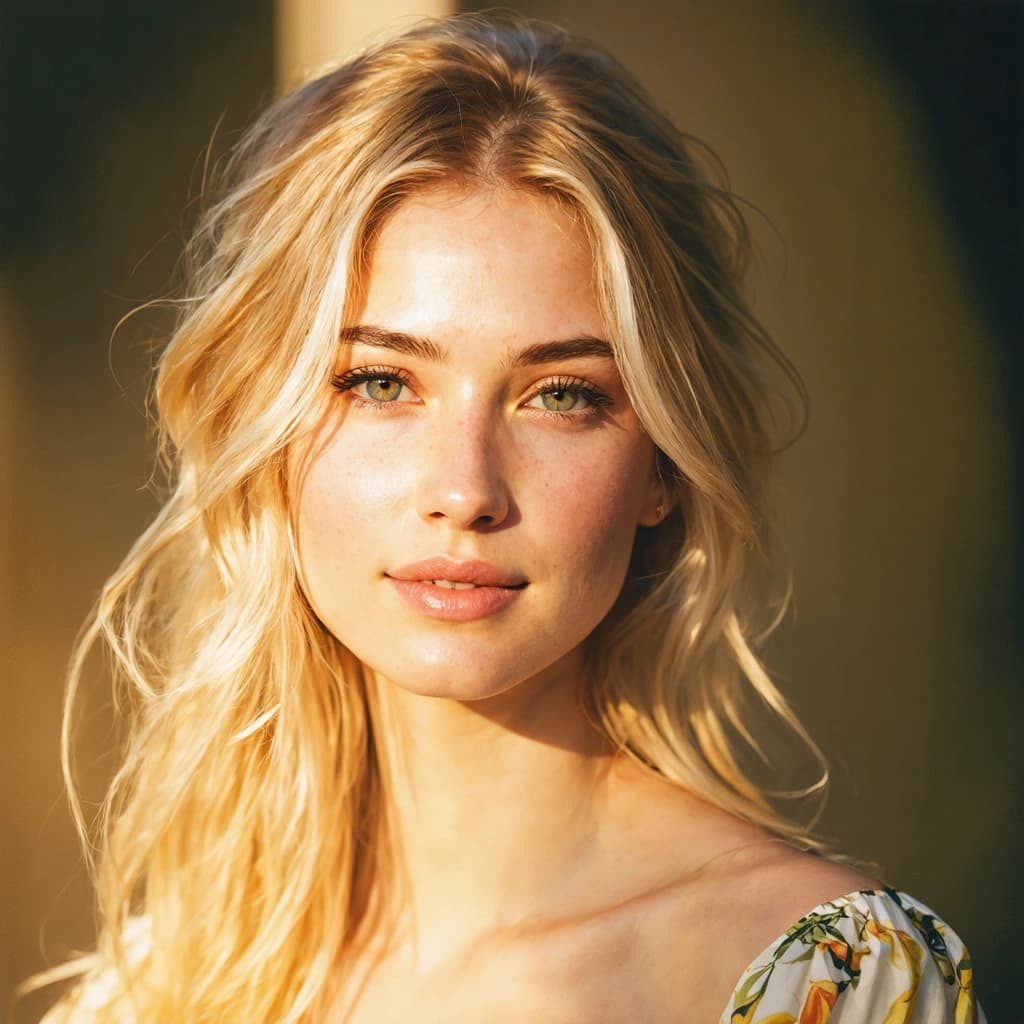 Enhance this prompt: "Create a striking ultra HD portrait that eloquently captures the innate elegance of a young woman, her poised demeanor reflecting a tranquil narrative of her persona. Illustrate her skin bathed with the golden hues of the sun, emanating a warm, radiant glow. Style her blonde hair in a vibrant, lively cascade, intertwined with delicate highlights that dance under the sun's glimmer.

The portrait should be suffused with a soft, natural light that accentuates her luminous skin, casting an ethereal aura around her. Make her eyes the focal point - brimming with life and light, they carry a depth that beckons the observer for a deeper connection. 

Set her in alignment with the golden ratio against a subdued, serene background, drawing the viewer's focus solely onto her. Arrange her hair in a way that showcases its lustrous health and volume, blending perfectly with her overall radiant aura.

Incorporate a gentle, nostalgic color scheme into the composition, lending an everlasting, classical touch to the portrait. Emphasize her varied expressions, be it a sincere smile or a moment of deep introspection, encapsulating her emotional depth and complexity.

The composition should be reminiscent of a meticulously crafted professional photograph, with razor-sharp focus, genuine textures, and a depth of field that draws a picturesque, cinematic frame. 

Finally, give the piece an exquisite, polished finish with meticulous post-processing to adjust the contrast and light exposure. As a finer detail, capture an ultra HD close-up of her eyes - the mystical windows to her soul."