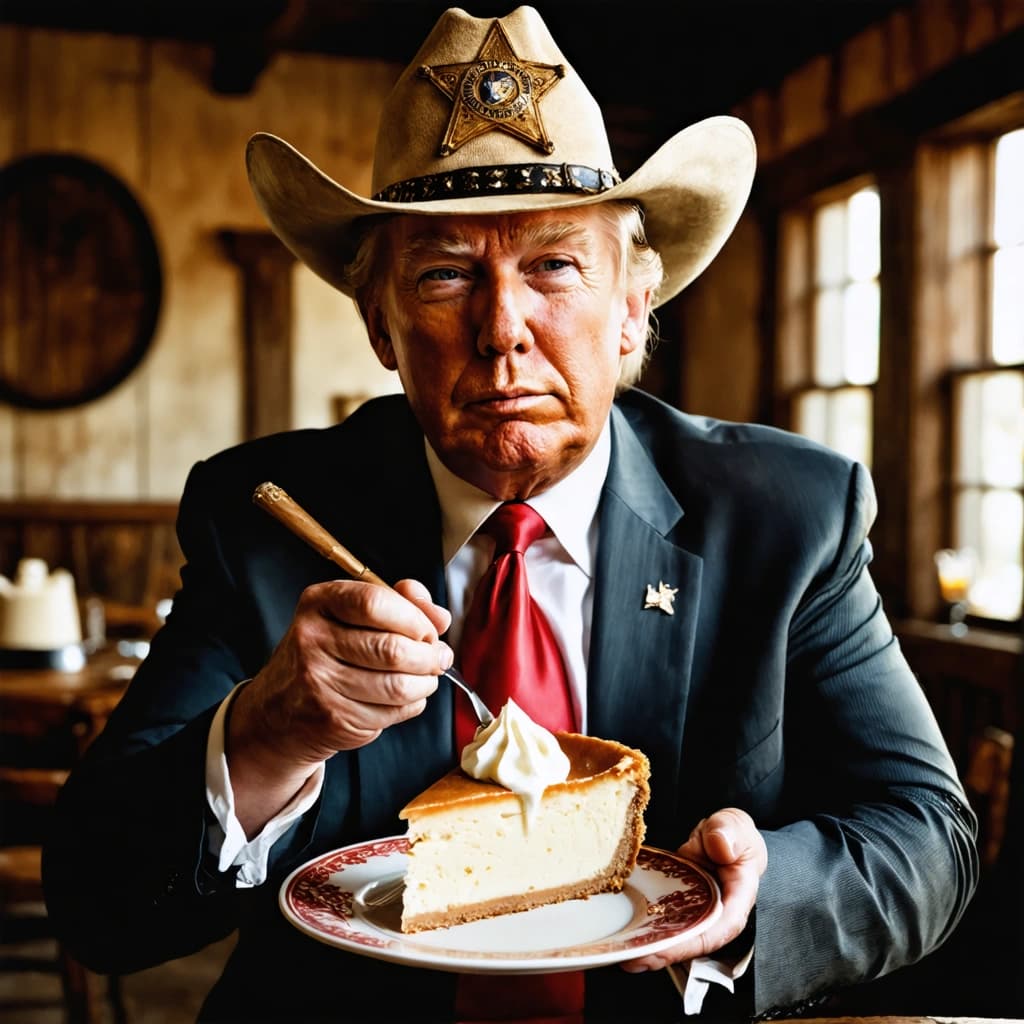 Create a photographic image capturing Donald Trump, dressed in detailed, sharp cowboy attire, including a playful sheriff's hat, enjoying a piece of cheesecake with a satisfied expression. He's in a rustic western setting, the composition obeying the rule of thirds, with Rembrandt lighting highlighting the texture of his clothes and the vintage sepia tone adding a timeless feel. The focus is shallow, especially on the cheesecake, to draw attention there, while the background blurs slightly. His casual eating pose, mid-bite, conveys a moment of genuine enjoyment and a heroic look is achieved with a low angle shot. The whole scene radiates a mood of satisfaction and nostalgia, underpinned by the dynamic movement of taking a bite and the detailed, cinematic composition.