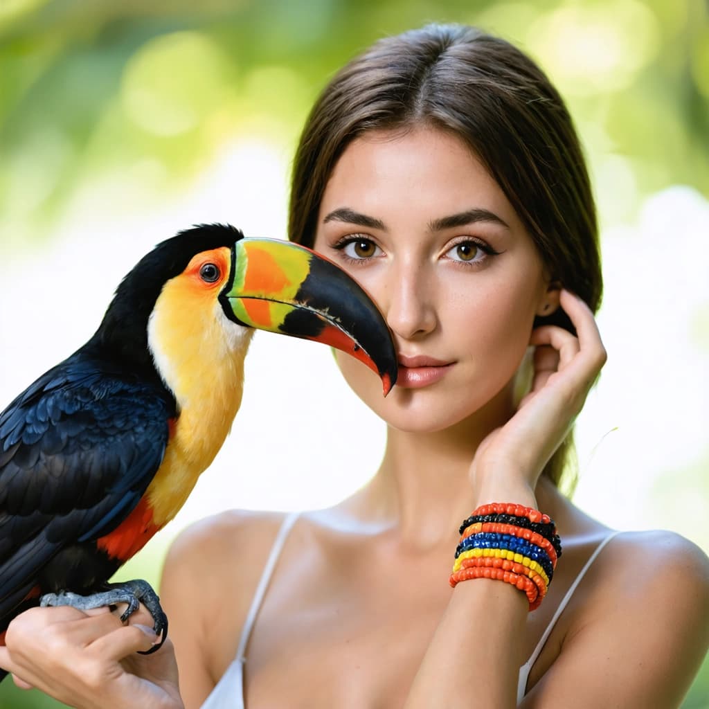 Create a hyperrealistic photographic image capturing a serene moment between a model and a toucan. The model, with a fair complexion and brown hair, gazes into the camera, her hazel eyes enhanced by toucan-colored makeup, reflecting the vibrant hues of the toucan perched gently in her hand. Close-up framing focuses on the intricate details of this interaction, emphasizing the soft, diffused lighting that casts a whimsical glow. The model's big colorful wooden bangles  on her wrist complement the toucan's feathers, while her nude-colored nails and lips add a subtle touch of elegance. The background is a simple blur, allowing the viewer's attention to dwell on the textures of the toucan's feathers and the model's serene expression. The overall composition balances color harmony with a selective focus on the eyes, creating a captivating, enchanting atmosphere.