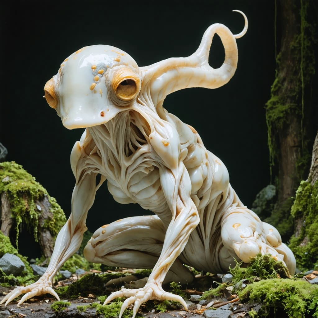 This creature has no arms or legs—just a giant muscular ear lobe for a tail that it uses to slither and push itself forward. Its body is pale like bleached driftwood, with patches of fungus and lichen. A gaping mouth opens at the top of its body like a chimney, exhaling faint spores. Its ears twitch as if listening to the earth. Rendered in muted ochre, clay beige, and moss green. Fantasy creature concept, horror-tinged but organic.”