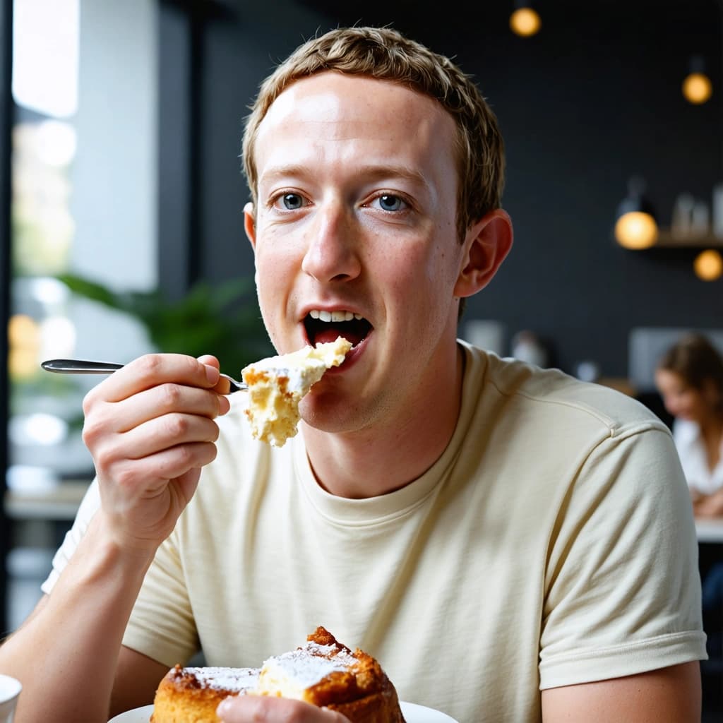 Capture a candid, photographic image of Mark Zuckerberg, dressed in a plain t-shirt, engaging in the dynamic action of eating cheesecake. This moment unfolds in the Meta office, a setting that should be subtly indicated by contemporary, tech-oriented decor in the background. Illuminate this scene with soft, natural light that cascades across Zuckerberg, enhancing the warm tones of the environment and his attire. Composition should adhere to the rule of thirds, placing Zuckerberg off-center for a more visually appealing shot. Employ a shallow depth of field to softly blur the background, drawing attention to the close-up detail shots of Zuckerberg, the cheesecake, and the coffee cup prop in his hand. His facial expression should reflect a genuine, candid moment of enjoyment. The entire image is viewed from an eye-level perspective, adding a personal, intimate feeling. Apply a vintage film filter post-processing effect to give the photograph a timeless quality, while ensuring the textures, especially of the cheesecake and clothing, are highly detailed. The overall mood is warm, inviting, and slightly nostalgic, capturing a slice of everyday life within the innovative surroundings of the Meta office.