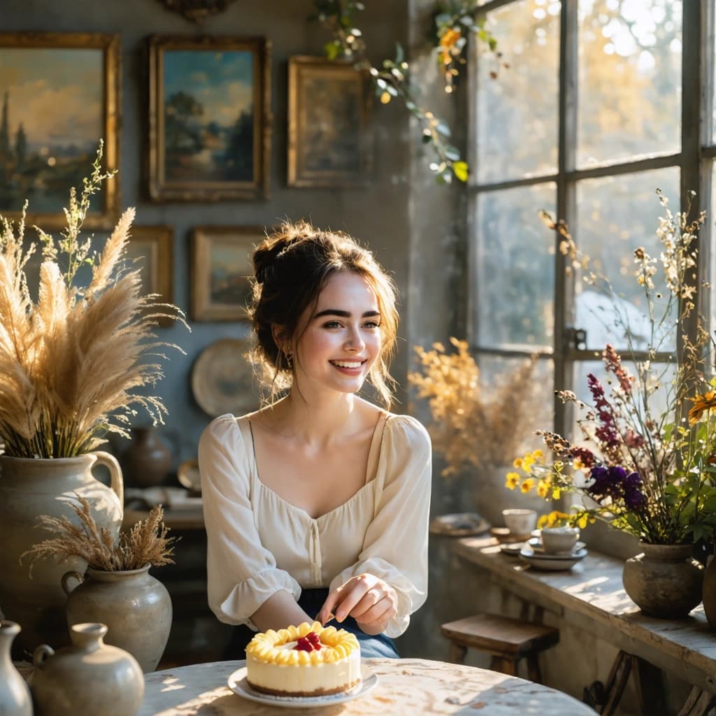 Envision a cozy and intimate art gallery, bathed in the soft, diffused glow of natural light streaming through large windows, creating a serene ambiance. Lily Collins, the epitome of joy, is seated elegantly amidst artistic decor elements, reflecting the rich and warm tones of the room. An overhead shot captures this moment, focusing on Lily's joyful smile as she savors a cheesecake, the texture of which is rendered in exquisite detail. The composition adheres to the rule of thirds, drawing the eye not just to Lily, but also to the mirror beside her, where her reflection adds depth to the scene. The shallow depth of field ensures that our attention remains on her, with a slight blur to the surrounding art pieces. The lighting emphasizes the cozy atmosphere and the natural elements of the setting, while a slight movement in Lily's hands brings dynamism to the stillness. This image, framed in 8k resolution, combines the essence of professional photography with a cinematic composition to capture a moment of pure delight.