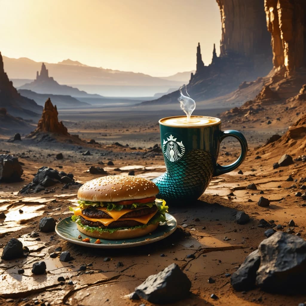 "Generate a dramatically stunning image in 8k resolution that captivates an ultra-realistic mermaid, suspended in mid-air over the rugged, parched expanse of Mars, spotted with lunar-like surface indentations. The mermaid exudes an air of fascination and grandeur, her mouth slightly ajar as she eyes a juicy burger with a playful, yearning look. In her grasp, she holds an isometric 3D crafted mug, emblazoned with the iconic Starbucks emblem, from which a gentle waft of steam emanates, implying the fresh coolness of her coffee. 

Illuminate the Martian terrain with the dual light sources of Mars, choreographing intricate shadows that amplify the intense reds and oranges for a visually arresting contradiction. Utilize a shallow depth of field to blur the moon-like dents in the terrain, creating a frame for the mermaid and enveloping her in a mystical glow. Achieve a clear focus on the intricate scaleness of the mermaid and the gritty Martian topsoil to create a daring contrast. 

Seek to underscore the glistening trails of dribble escaping from her mouth, enlivening the textures even further. Adorn the Martian skyline with distant nebular clusters and galaxies, fostering an alien ambiance. Indicate subtle footprints etched into the Martian surface as a whispery testament to the mermaid's landing. Finally, capture a glint in the mermaid's eyes that, on closer inspection, reflects our home planet, Earth – a poetic symbol of remote yearning or profound connection."
