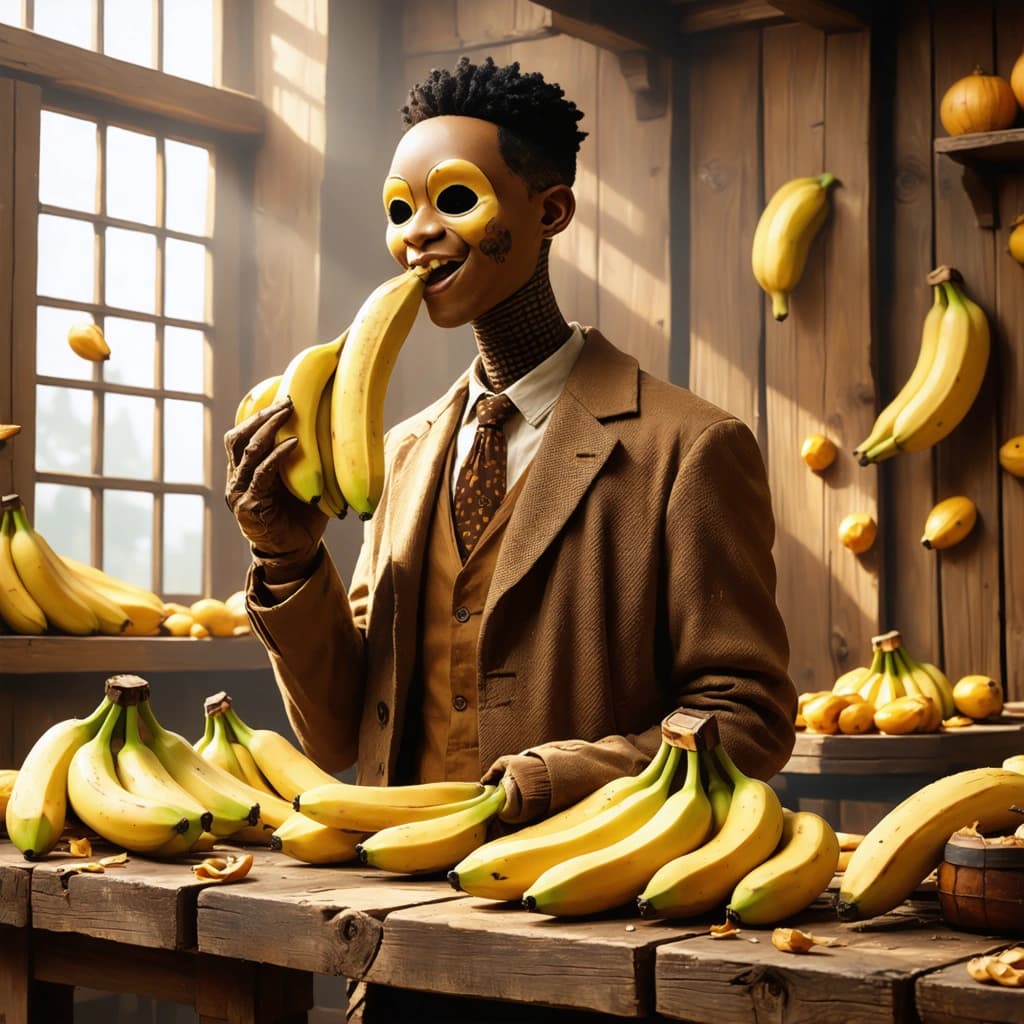 Create a game asset that captures a highly unique character: a human with a brown, banana-shaped face, in the midst of consuming a banana. This character stands in an aged wooden room, illuminated by a warm, soft light that cascades over a wooden table adorned with bananas. The human is dressed in an earthy-colored blazer, the texture of which is rich and detailed, contributing to the overall vintage and grainy textured vibe of the scene. Surround the character with floating bananas to add a quirky and surreal atmosphere. Enhance the vintage feel by overlaying the image with film grain and subtle scratches, and add motion blur to the banana being eaten to capture the action dynamically. , freindly vibe , sarcastic , side pose