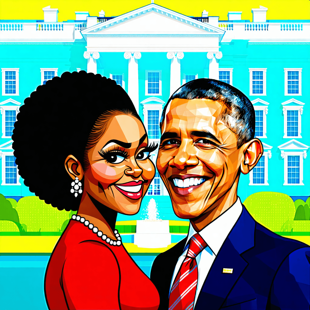 Craft a vibrant, cartoon caricature of the Obamas inside the White House, adopting exaggerated facial expressions to inject a playful mood. The scene unfolds with a rich palette of bold primary colors, employing diagonal composition to guide the eye across the detailed interior, where elements of political symbolism and pun-based humor subtly converge. Among the meticulously detailed background, hidden objects - a passport, a birth certificate, a pack of cigarettes, a drone, and a Kenyan flag - are cleverly blended, awaiting discovery. Each object should carry a layer of political satire, rendered with enough clarity to be identifiable upon close inspection but integrated seamlessly into the surroundings to encourage an interactive search. Dramatic lighting casts deep shadows and highlights, enhancing the emotional expressions and textured details of the scene, while subtle metaphorical objects add depth to the narrative. The illustration should not only capture the likeness and spirit of the Obamas but also invite viewers to engage with the image through clickable annotations, revealing stories or facts related to the hidden objects.
