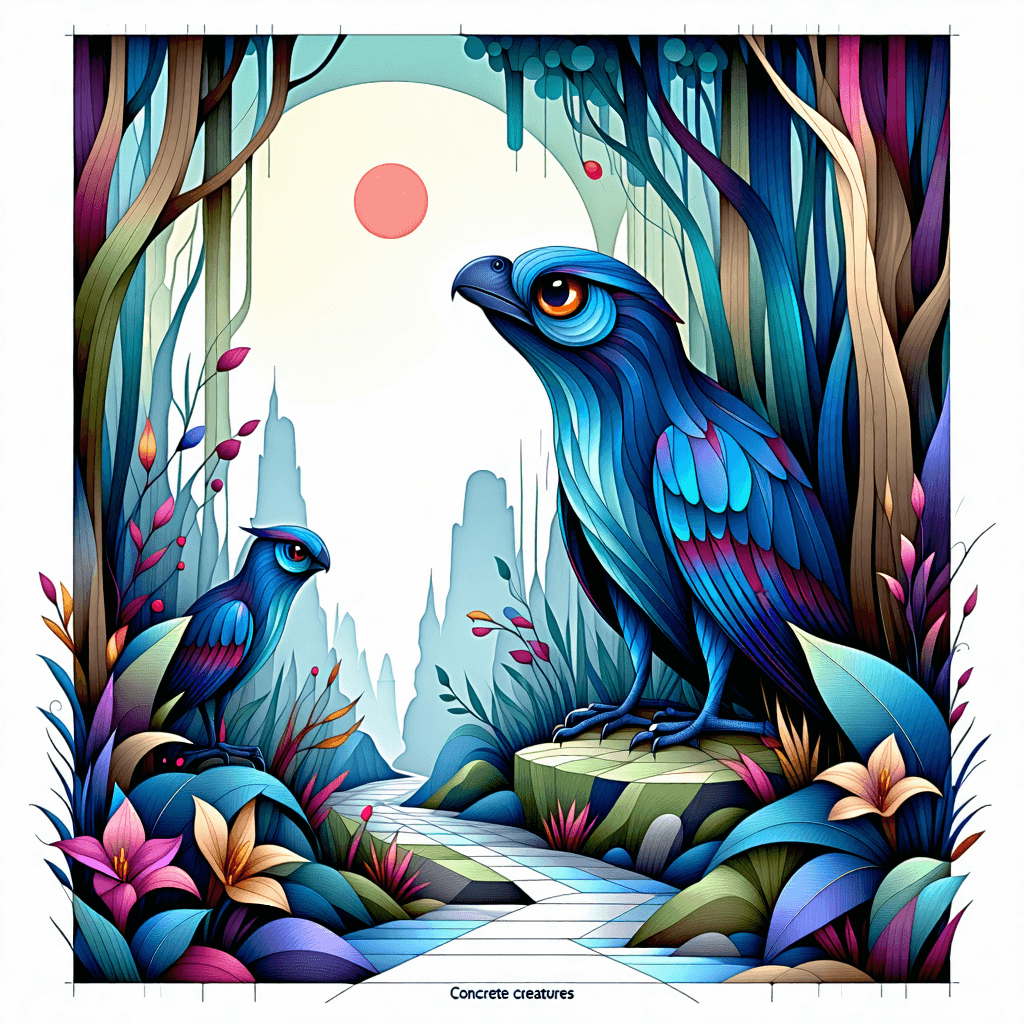 Create an adult coloring book cover titled 'Concrete Creatures', where the main visual is an enchanting blend of hyper-realistic textures and surreal botanical backgrounds. The cover should feature a captivating scene with concrete creatures, emerging as silhouettes and shadows from an eerie, geometrically patterned jungle. Use rich jewel tones to enhance the color palette, ensuring the image is both mysterious and inviting. Intricate details should be in macro focus, highlighting the contrast between smooth and rough textures. Hidden objects playfully tucked away within the design add an element of intrigue. Dramatic lighting should cast dramatic shadows, emphasizing the rule of thirds for optimal composition. Hand-drawn fonts integrate seamlessly with the imagery, adding a personal touch to the title 'Concrete Creatures'. The overall mood is evocative, balancing realism with surreal elements to catch the eye and invoke an eerie atmosphere.