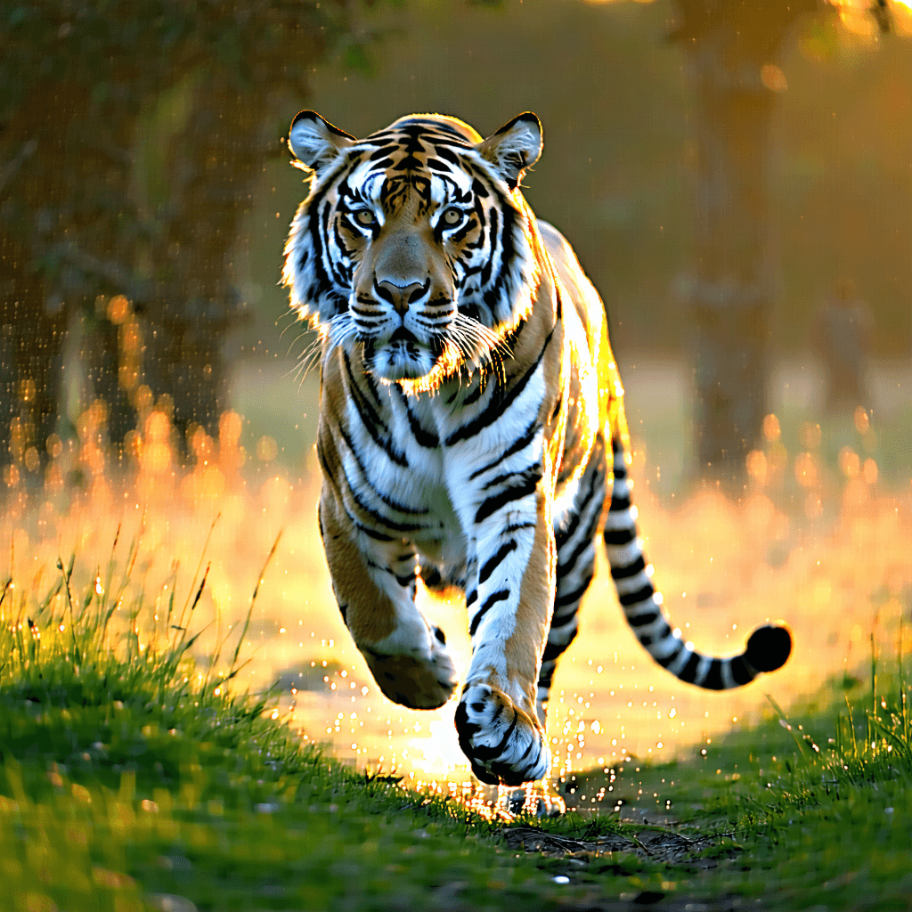 Capture the serene essence of dawn as a majestic tiger engages in a yoga-like stretch, its hindquarters raised high in an elegant arc, mirroring the first rays of the sun. Position the camera at eye level to meet the tiger's gaze, instilling a sense of connection. The open grassland backdrop, bathed in the golden hour's soft, warm light, contrasts beautifully with the tiger's vibrant fur, emphasizing each strand with a close-up focus that celebrates its texture. The rule of thirds frames this harmonious moment, guiding the eye to the tiger, poised gracefully in motion. Tiny water droplets cling to its fur, sparkling in the early light, adding a layer of depth and detail that begs a closer look. Post-processing sharpens these details, accentuating the contrast between the tiger and the softly blurred background, ensuring every element of this serene, in-motion capture is preserved with clarity and vibrancy.