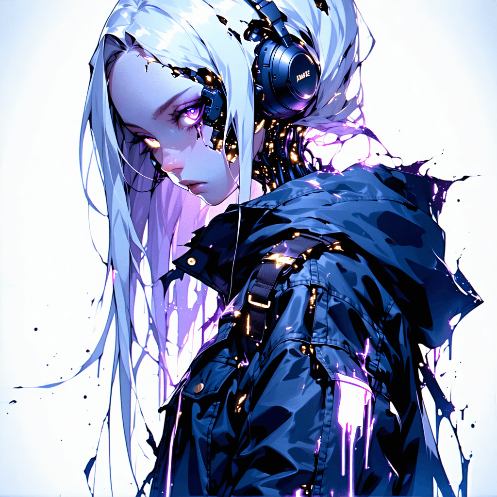 Envision a dazzling anime-style portrayal of a hyper-stylized, slutpunk-inspired female android, invoking the essence of Nier: Automata. She's a vision of defiance and allure, with long silver-white hair cascading over pale skin, and eyes that glow with an otherworldly light. Her attire is a striking blend of combat readiness and seductive flair: a cropped, torn military jacket adorned with glowing circuit patterns, a stark black combat bra, and low-slung synth-leather shorts that emphasize her curvaceous form. Smart mesh lace tights, high combat heels, and a shiny metal collar with a ring add to her formidable appearance. Arm-mounted energy blades and a glowing pulse knife hint at her lethal capabilities. She stands in a defiant stance, arms crossed, in the midst of a neon-lit dystopian city at night, bathed in a mix of dramatic red and blue lighting. The skyline glimmers with futuristic allure, creating a stunning backdrop. Her expression is a captivating mix of intensity and a slight smirk, embodying beauty, danger, and a touch of sorrow. The atmosphere is thick with seduction and the imminent threat of violence, accented by digital glitches that flicker around her like whispers of a war-torn world. Metallic textures on her collar and blades catch the light, while cybernetic enhancements trace her arms, merging the lines between human and machine. Shot from a low angle, her powerful stance is magnified, commanding attention and respect. This image should be alive with vibrant neon colors set against dark contrasts, capturing the essence of a cyberpunk fantasy where beauty intertwines with the brink of destruction.