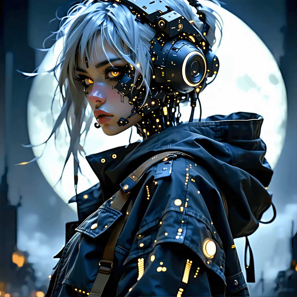 "Visualize a fiery, Noir-inspired interpretation of a dramatic, slutpunk-styled female android, drawing inspiration from Nier: Automata. She's a paradox of defiance and enchantment, her stormy silver hair cascading over a moonlit skin, with eyes sparkling with an otherworldly glow. Her attire combines militant readiness and seductive appeal, including a tattered, mini military jacket adorned with glowing tech patterns, an icy white combat top, and low"