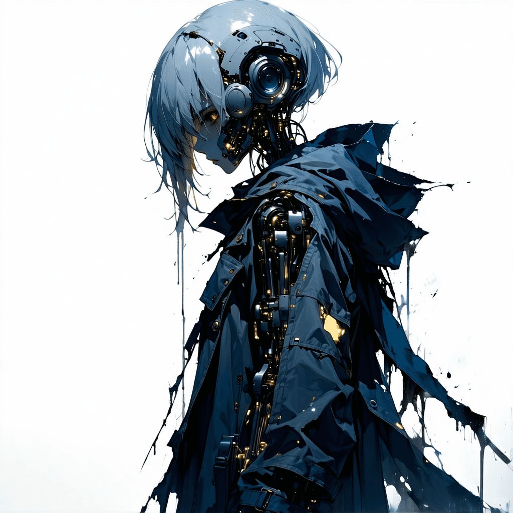 "Imagine a somber manga-inspired depiction of an exaggerated, slutpunk-influenced female cyborg, channeling the spirit of Nier: Automata. She's an enigma of rebellion and charm, with flowing ashen hair draping over ghostly complexion, and eyes flickering with a supernatural radiance. Her outfit, a unique blend of battle preparedness and provocative allure, consists of a ripped, short military coat decorated with illuminated circuit designs, a stark white battle top, and low