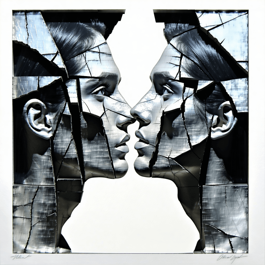 Concept: How being a twin can challenge your sense of identity, especially if you're constantly being confused with someone else.
Lino Print Design: A cracked mirror, with each shard containing slightly distorted images of the same face.
Execution:
Use geometric cuts in your lino to simulate mirror shards.
Carve the face as one complete image, then break the design with cracks and carve details into each section.
Possibly use silver or metallic ink for the mirror effect.
Interpretation: Identity fragmentation; distortion through external perception.