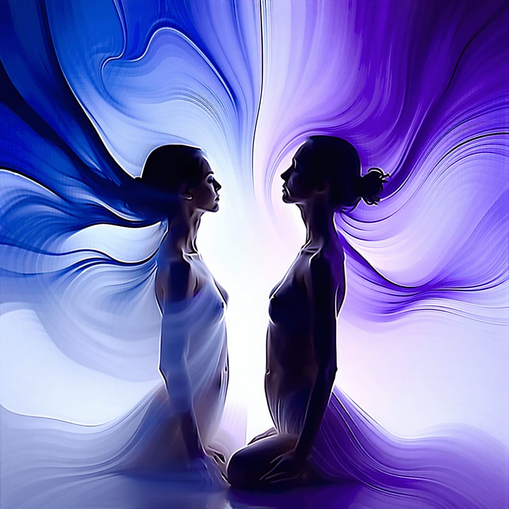 Envision a mystical tableau exploring the unvoiced connection between twins, a realm where intuition transcends spoken words. Center this concept on two enigmatic figures, positioned back-to-back, their heads slightly inclined towards each other as if caught in a silent conversation. Between them, a dance of fluid, organic lines reminiscent of soundwaves or ethereal energy, swirls in a mesmerizing pattern, symbolizing an invisible bond—perhaps telepathy or a profound emotional link.

Craft this scene with the nuanced technique of layered lino prints, allowing cool tones of blues and purples to dominate, creating a canvas that breathes with life and depth. The background, a textured abstract pattern, adds complexity, while the foreground focuses on our subjects, their forms outlined against a backlighting that casts an otherworldly glow, enhancing the mysterious and enigmatic mood.

Incorporate rough, tactile textures to give the artwork a palpable sense of reality, juxtaposed with the ethereal subject matter. The swirling patterns between the twins should have a subtle motion, alive with energy, yet the scene remains grounded by the stability of their connection. Abstract shapes, floating like thoughts or feelings, weave through the composition, adding layers of meaning.

Embrace a style that merges high contrast with a touch of motion blur, creating a dynamic yet harmonious visual tension. This artwork delves into the realm of the unspoken, where emotions and thoughts intertwine, offering a glimpse into the profound bond shared by twins, made visible through the language of art.