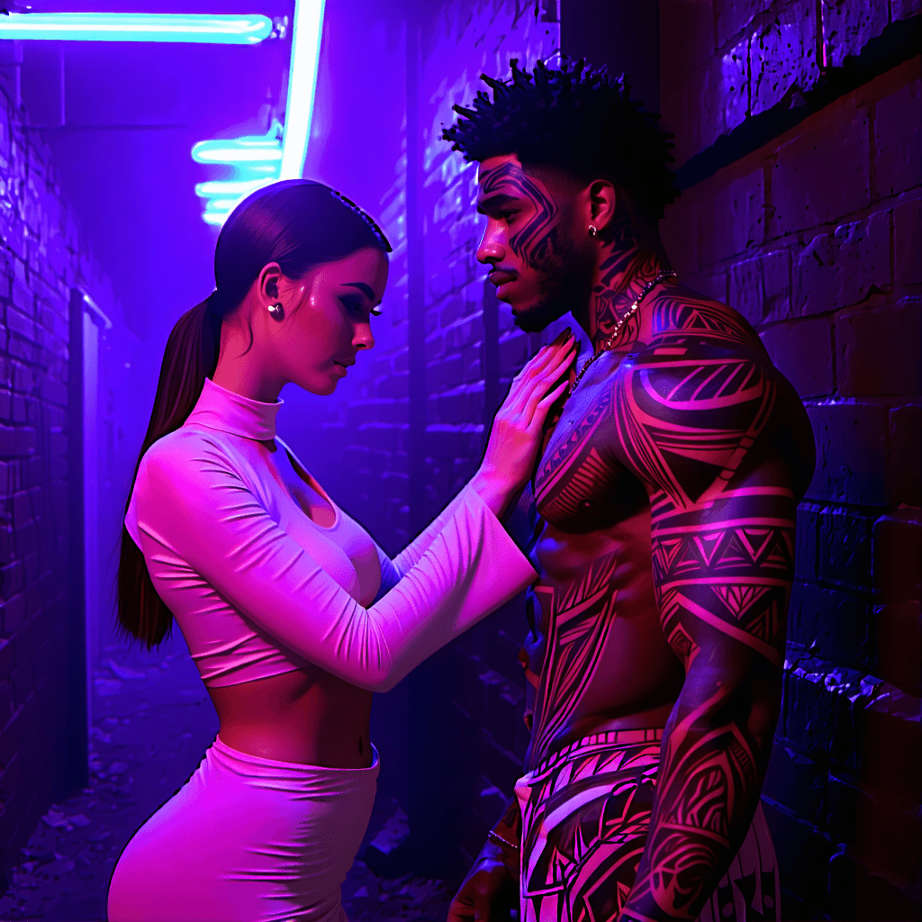 "Consider a riveting nocturnal tableau, illuminated by the harsh glare of neon lights, where a 20-year-old porcelain-skinned woman in a crisp, white ensemble emanates tranquility. She reassuringly touches the shoulder of a 20-year-old agitated Maori man. His coarse, contrasting attire reflects his inner conflict. Their proximity paints a compelling picture of contrasts - her serenity assuaging his disquiet. The urban night scene is sliced through by the striking glow of multicol