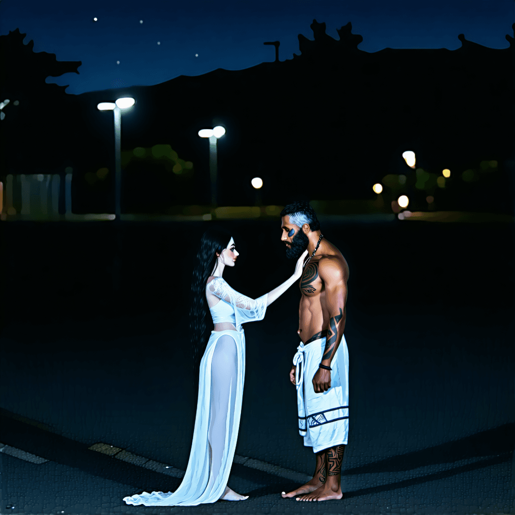 Imagine a tender night scene, bathed in the soft glow of streetlights, where a 20-year-old pale white woman in flowing white attire exudes calmness as she gently places her hand on the shoulder of a 20-year-old distressed Maori man. His attire, a contrast in rough textures, mirrors his turmoil. They stand close, their faces a study in contrasts - her serenity soothing his distress. The setting is an urban night, the darkness pierced by the gentle luminescence of nearby lights, casting low key lighting that dramatizes this moment of comfort. The air between them is charged with emotion, framed by the diagonal composition that positions her on the left and him on the right, highlighting the distance yet intimacy of their connection. Soft whites and blues cloak her in calmness, while dark greens and browns swirl around him, echoing his inner turmoil. A shallow depth of field blurs the city's details into bokeh, focusing all attention on the poignant exchange. In the periphery, the symbolic presence of a white dove near the woman and a broken chain near the man add layers of meaning to this encounter. This scene is captured with a blend of close-up on their expressive faces for intimacy and a wider shot that emphasizes their isolation in the urban night. The final image is touched with subtle vignetting to draw the eye to them and desaturated slightly to enhance the emotional tone, crafting a portrait that is both expressive and detailed, rich in character and artistic nuance.