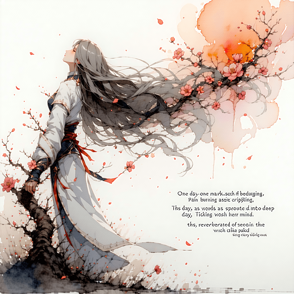 Create an animated style image for this story: 'One day. One mark. Episode’s long, blustery silver hair brushing against her shoulders as her eyes flickered. A scent of burnt ashes crippling up her nose. Pain burning deep into her pale skin. Sprouted peach flowers marked into her wrist. That day was beguiling.  The words reverberated in her mind, ticking as the seconds on the clock increased. Dull but gleaming, the water reflected her face as the boat moved slowly along the currents/tides. Episode’s head rocked at every turn, moving taciturnly. The boat halts, splashing water onto her face. She lays her hand on the edge of the boat, the boat disappearing into thin air, leaving only a trail of dust behind.  Thorns hanging down, curled against old, rusty posts like grapes hanging from a vine. The bristling of wilted, radiant roses and blossoming fruit flowers against her arms. The loquaciousness and chants of “fructifer, bear fruit among us” being recited. Tears of blood and silver buried in the depths of the ground.'