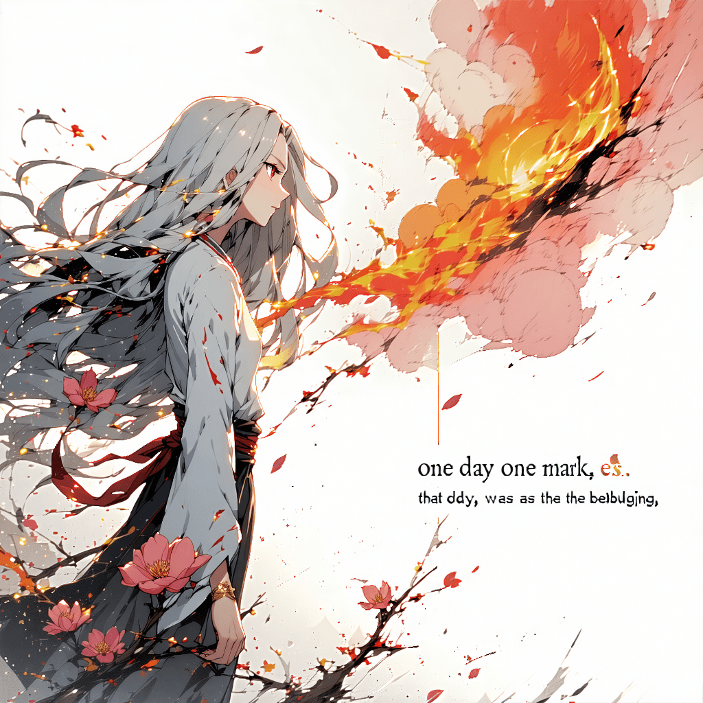 Create an animated style image showing her journey displayed in the story: 'One day. One mark. Episode’s long, blustery silver hair brushing against her shoulders as her eyes flickered. A scent of burnt ashes crippling up her nose. Pain burning deep into her pale skin. Sprouted peach flowers marked into her wrist. That day was beguiling.  The words reverberated in her mind, ticking as the seconds on the clock increased. Dull but gleaming, the water reflected her face as the boat moved slowly along the currents/tides. Episode’s head rocked at every turn, moving taciturnly. The boat halts, splashing water onto her face. She lays her hand on the edge of the boat, the boat disappearing into thin air, leaving only a trail of dust behind.  Thorns hanging down, curled against old, rusty posts like grapes hanging from a vine. The bristling of wilted, radiant roses and blossoming fruit flowers against her arms. The loquaciousness and chants of “fructifer, bear fruit among us” being recited. Tears of blood and silver buried in the depths of the ground.'