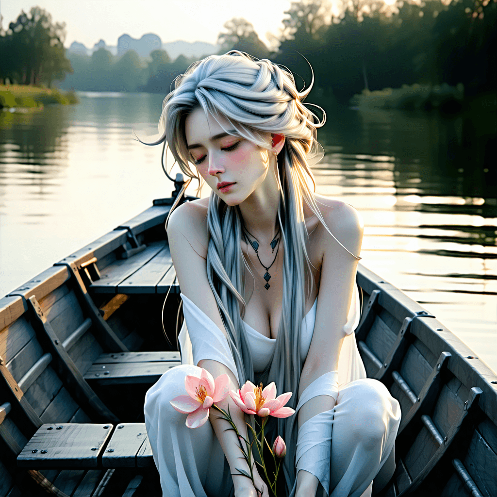 Craft a photorealistic image capturing a pivotal moment: Episode, with her long, blustery silver hair caressing her shoulders, is seated in a boat that glides silently over gently rippling water. The scene is bathed in soft, diffused light, evoking a sense of serenity despite the turmoil within. Her pale skin is marked by the vivid contrast of sprouting peach flowers on her wrist, symbols of renewal amid decay. The surrounding air carries a surreal quality, with thorns floating like ethereal entities and the boat itself beginning to vanish into a cloud of dust, leaving a trail of mystery in its wake. The water, acting as a mirror, reflects Episode’s face, capturing her expression of contemplation and sorrow. This moment is frozen in time, surrounded by a desaturated landscape that sharply contrasts with the vibrant red tones of blood and blossoms, creating a visual narrative of loss and hope. The composition is dynamic, viewed from an aerial perspective that emphasizes the vastness and the isolated moment of transformation. Textural contrasts are pronounced, from the silky threads of her hair against the rough, aged thorns to the subtle splash of water droplets, suggesting movement and life persisting against all odds.