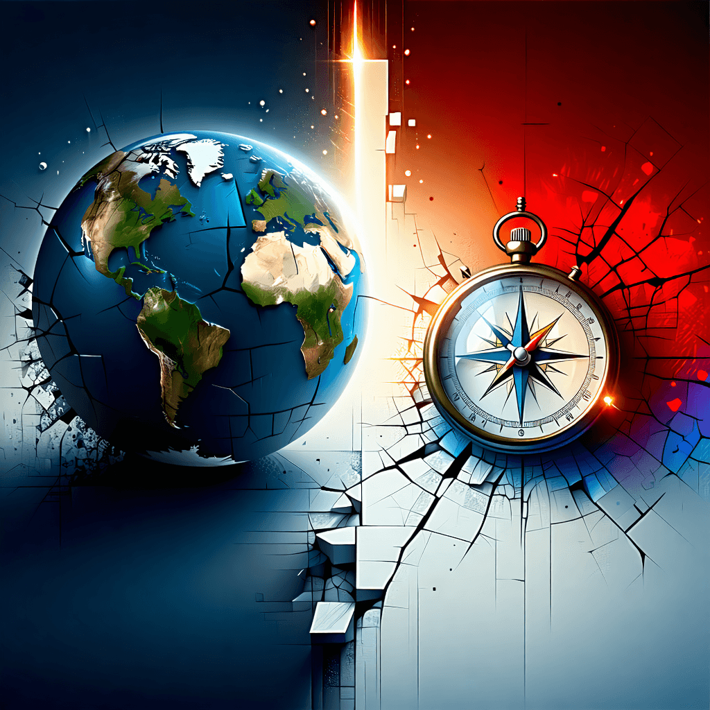 Craft a hero banner showcasing the theme of 'Declining Travel and Strategic Planning' with a creative split-screen effect. On one side, illustrate the decline of travel using a faded globe, a broken compass, and a scene enveloped in cool, melancholic blue tones, subtly infused with a cracked texture overlay to symbolize fragility. Employ motion blur to convey the loss of direction. On the other, present strategic planning through a vivid, action-oriented scene with warm red hues, a clear, focused compass, and organized elements, all under a sharp, contrast lighting to denote clarity and determination. Use a diagonal split to separate the two scenes, ensuring a symmetrical balance. Overlay the image with thought-provoking, clean typography that seamlessly integrates into the composition. The entire banner should exude a professional, impactful vibe, suited for wide format, with a special emphasis on the use of visual metaphors and composition techniques to tell a compelling story.