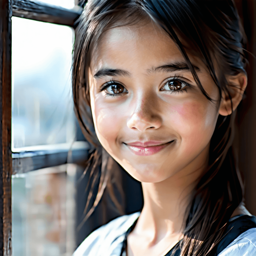 Envision a photorealistic close-up portrait of a young 14-year-old Chinese girl, her gaze uplifted and engaging directly with the viewer, creating an emotional bond that feels both intimate and profound. The scene is bathed in soft, natural light streaming through a window, casting gentle highlights and shadows that sculpt her features, emphasizing the subtle symmetry and innate beauty of her face. Her eyes sparkle with life, catchlights adding depth and soul, framed by softly flowing hair with natural highlights that catch the light. A subtle smile plays on her lips, hinting at ease and comfort, complemented by a simple, timeless outfit that speaks of classic elegance without distracting from her expression. The background remains a soft focus, ensuring she remains the unequivocal focus, with a shallow depth of field isolating her from any distractions. The color palette is composed of soft, natural tones that enhance the timeless quality of the image, with every detail from the texture of her skin to the fabric of her clothing rendered in sharp focus, thanks to the 8k resolution. This composition, rich in detail and emotion, invites the viewer to pause and connect, capturing a moment of serene beauty.