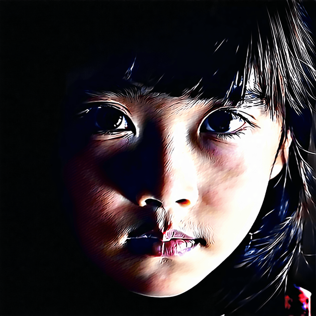 "Picture a highly-stylized, noir-inspired close-up portrait of a young 14-year-old Chinese girl. Her gaze is intent and piercing, creating a bond that feels intense and deeply personal. Striking, high-contrast lighting comes from a single off-camera source, casting dramatic shadows that chisel her features, accentuating her face's unique beauty. Her eyes hold a captivating twinkle, catchlights adding depth and intrigue, surrounded by softly tousled hair that glistens in the stark