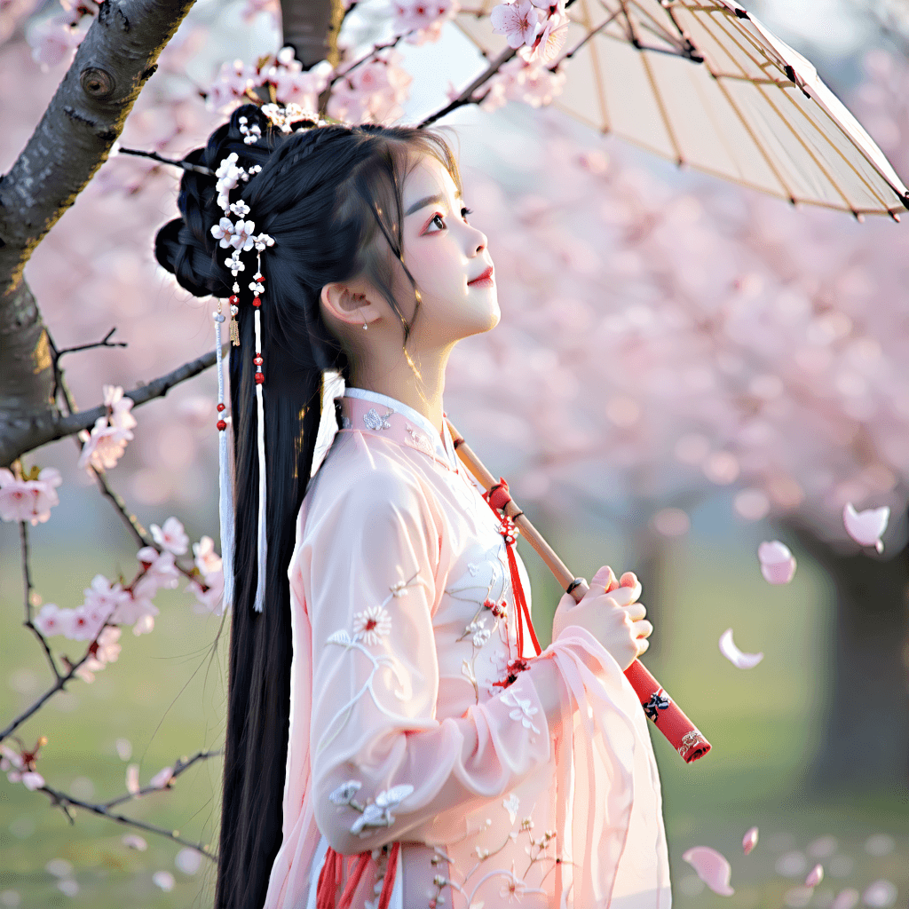 Envision a young 14-year-old Chinese girl, her gaze lifted upwards in a blend of curiosity and wonder, embodying the innocence of youth. She stands amidst a serene cherry blossom garden, the soft pastels of the flowers echoing in the tones of her attire—a traditional Chinese dress with a modern flair, suggesting a harmonious blend of past and present. Her long, black hair, adorned with a classic hair accessory, cascades down her back, adding elegance to her silhouette. In her hands, clasped gently in awe, she holds a traditional Chinese umbrella, a symbol of her heritage. The lighting is soft and diffused, casting gentle shadows and highlighting her large, expressive eyes and the slight, intrigued smile playing on her lips. The background subtly incorporates Chinese calligraphy, weaving her cultural identity into the very fabric of the scene. The composition is dynamic, with a diagonal flow that adds a sense of movement, suggesting a moment captured in time. This image should radiate the vibrancy of life, detailed in every aspect, from the texture of her clothing to the delicate blossoms around her.
