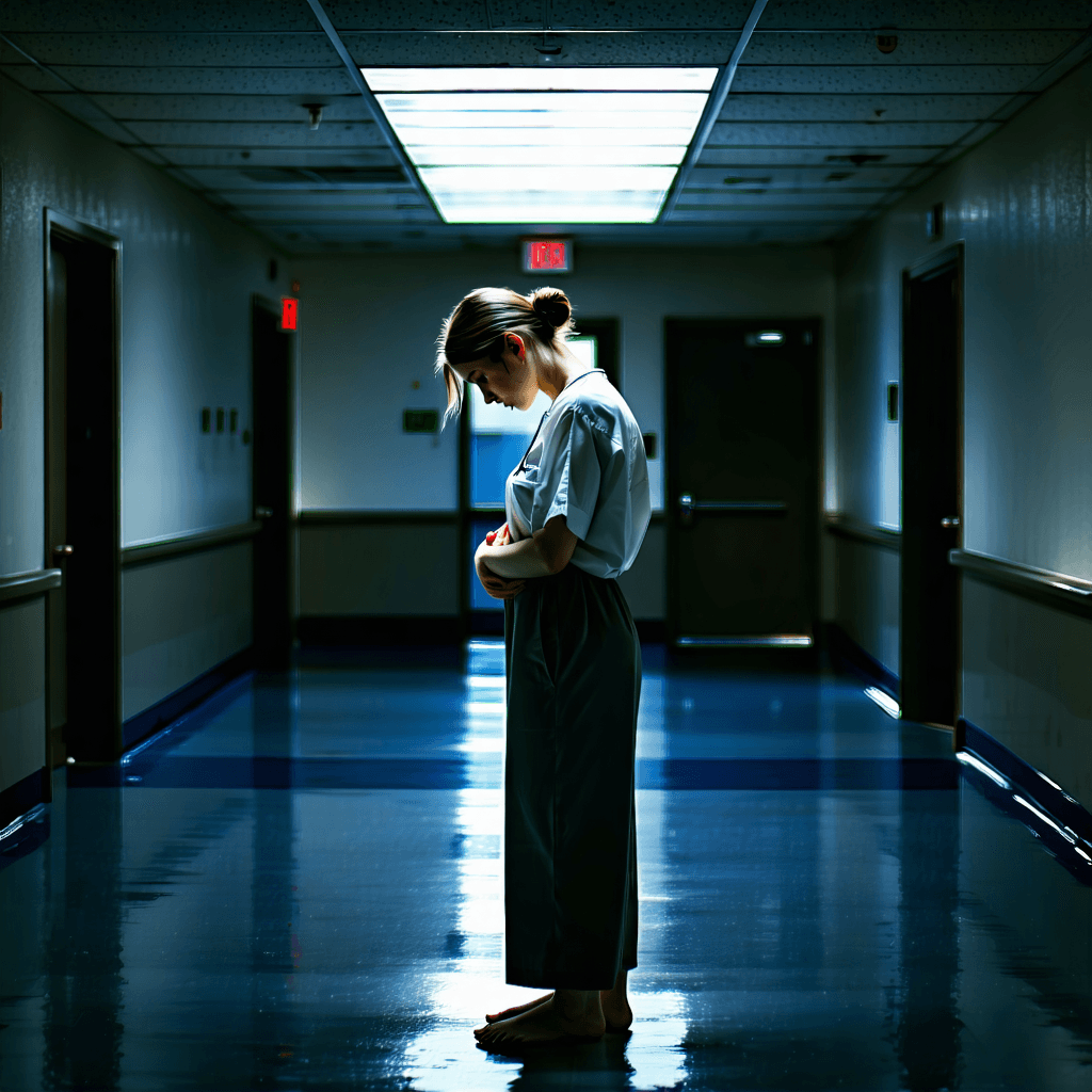 Craft a photorealistic image capturing a poignant moment of a woman, her gaze downcast and distant, as she reluctantly agrees to enter a psychiatric ward. The scene is illuminated by harsh overhead lighting, casting strong shadows that accentuate her hunched shoulders and clasped hands, a portrayal of vulnerability. She stands off-center, with leading lines subtly guiding the viewer's focus towards her. The environment is sparse, clinical, evoking the sterile atmosphere of the ward. Cool tones of blues and greys dominate, reinforcing the somber mood, while subtle textures on her clothing suggest a weariness and emotional burden. Her face, the focal point, shows lines of distress and exhaustion, captured with a shallow depth of field that softly blurs into the background, emphasizing her isolation. The image, in 8k resolution, boasts a cinematic composition with subdued color grading, aiming for a muted, melancholic atmosphere that vividly communicates her emotional state.