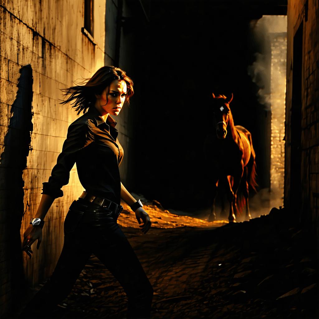 Create a photorealistic image capturing a moment of intense drama in a narrow alleyway, illuminated by soft evening light casting long, harsh shadows. The main subject is a woman in mid-fall, her expression frozen in a mix of fear and determination, eyes wide open as she glances over her shoulder at a menacing horror cowboy pursuing her. The cowboy's silhouette looms large, blurred slightly by dynamic motion blur to emphasize the chase. The scene is viewed from a dynamic angle, enhancing the depth with clear foreground elements - the woman's outstretched hand reaching towards the viewer, her broken watch hanging loosely from her wrist, symbolizing the race against time. The alley's desaturated palette, punctuated by the vivid textures of the pavement beneath them and the fog or smoke swirling around, creates a chilling contrast of light and darkness. A subtle lens flare hints at the unseen urban world beyond the alley. This scene is not just a chase but a cinematic narrative of suspense and survival, with every detail from the lighting to the composition crafted to heighten the emotional impact.
