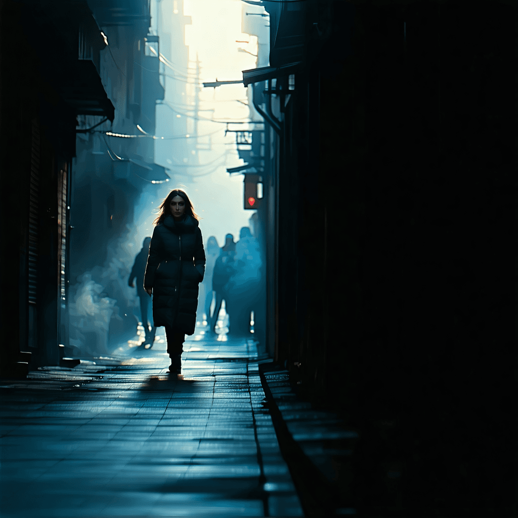Envision a wide-format hero banner capturing a poignant moment of a woman walking down an alley, bathed in the subtle, ethereal glow of backlighting. This scene is not just a moment in time but a narrative captured in the close-up of her face, where every whisper of the alley seems to etch itself into her expressions. Utilize a shallow depth of field to artfully blur the background, drawing the viewer's focus sharply to her features, while the surroundings fade into a blend of textures that tell stories of their own. The color grading should lean into cool tones, painting the scene with a palette that speaks of mystery and introspection. The composition is dynamic, using the alley's leading lines to draw the eye towards the woman and amplifying the sense of motion through her dynamic pose. Shadows play a crucial role, shaped like whispers, adding an auditory dimension to the visual feast. In the distance, silhouettes hint at unseen spectators or perhaps figments of imagination, enhancing the mysterious aura. Symbolism weaves through the imagery with a broken mirror reflecting fragmented realities. Integrate dynamic text placement by having subtle whisper text that seems to float in the air, adding a layer of depth and intrigue. This banner is not just an image but a story, a moment of suspense and introspection captured in the alley's embrace.