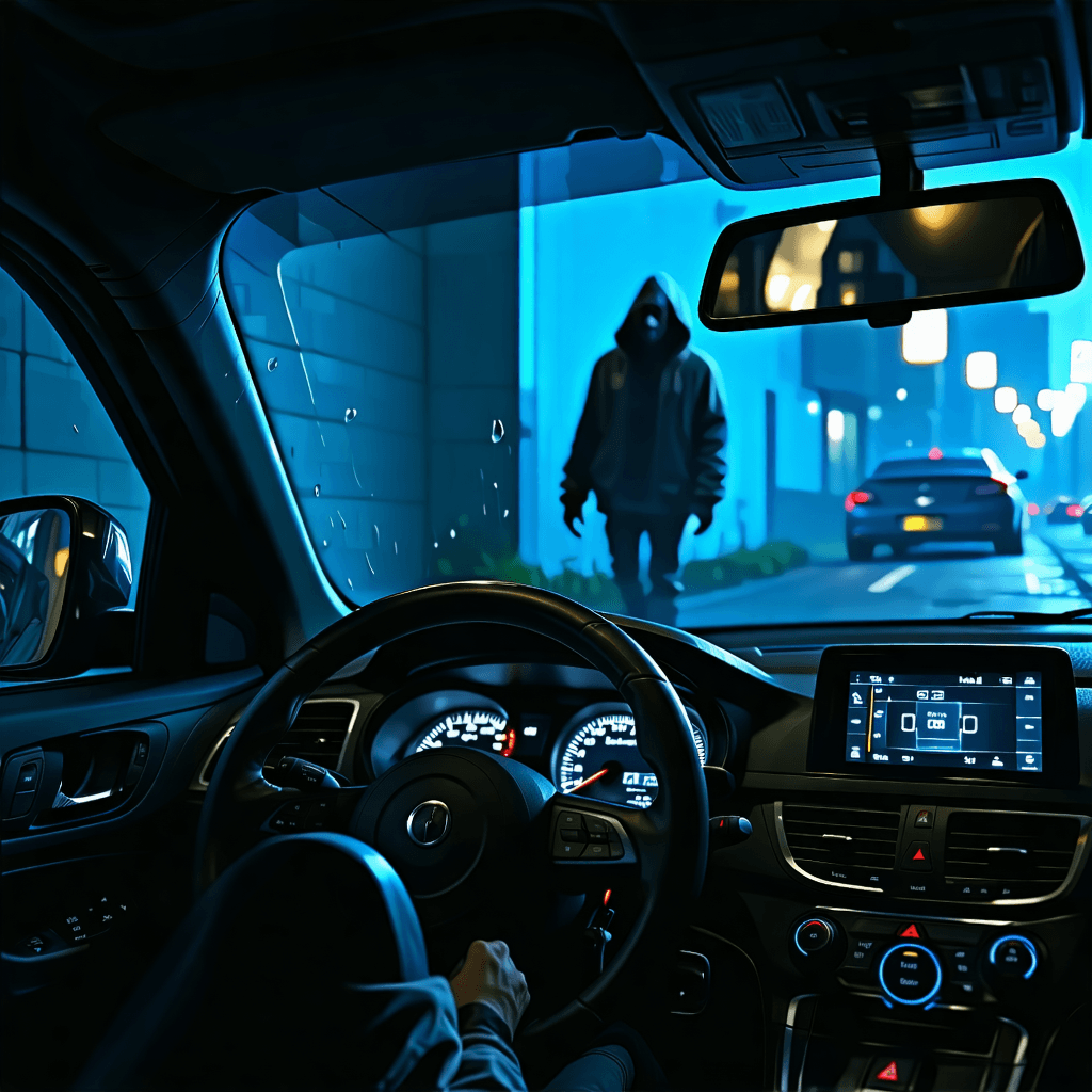 Create a photorealistic image capturing a tense moment as a mum drives away from the psychiatric ward, only to catch sight of a sinister figure looming outside her daughter's bedroom window. The scene is illuminated by harsh streetlights, casting dramatic, long shadows that reveal the scary man in an almost theatrical display of menace. The mum's car is positioned using the rule of thirds in the foreground, highlighting her shocked expression through a shallow depth of field, while the scary man is subtly blurred in the background. Cool blue tones wash over the scene, instilling a sense of mystery and suspense. Reflections play a crucial role; the scary man's silhouette is mirrored in the window's glass, cracked to symbolize vulnerability. The surroundings whisper tales of a loving family, with photos visible on the car's dashboard. The walls of the daughter's room show a rough, weathered texture, adding to the eerie atmosphere. A subtle reflection of the mum's car on the wet pavement and the blurred motion of the scary man's hand reaching towards the window inject a dynamic urgency into the stillness of the night.