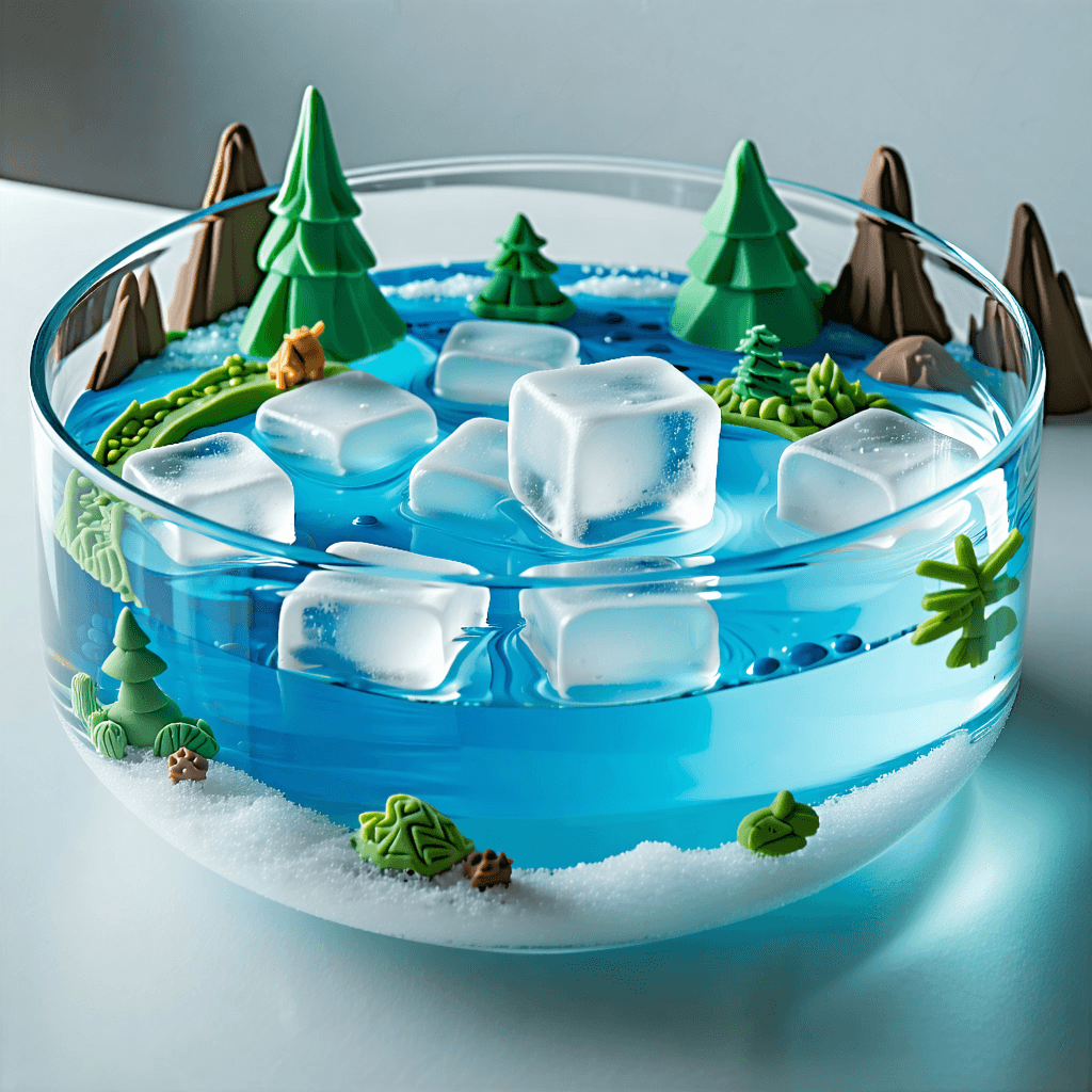 Craft a captivating product photo featuring a clear bowl filled with water, where playdough forms an imaginative landscape amidst floating ice cubes. Aim for soft, diffused lighting to enhance the scene's tranquility, paired with a shallow depth of field to draw focus sharply to a single ice cube, subtly hinting at the rest of the chilly tableau. Employ the rule of thirds in the composition to create an engaging balance, contrasting the cool blues of the water with the warm tones of the playdough land. Highlight the intricate textures of the ice and playdough, making them almost tangible. A top-down view should reveal the dynamic interaction between the floating ice cubes and the water, capturing splashes or ripples that bring the scene to life. Include miniature figurines as creative props to add a whimsical, storybook charm to the land formed by playdough. Consider an innovative perspective that suggests an underwater view, offering a glimpse into this miniature world through refracted light and distorted reflections. The overall image should feel professional, clean, and meticulously detailed, focusing on the product while showcasing your ability to convey a contrived scenario with minimal elements, emphasizing the single ice cube and the playdough landscape.