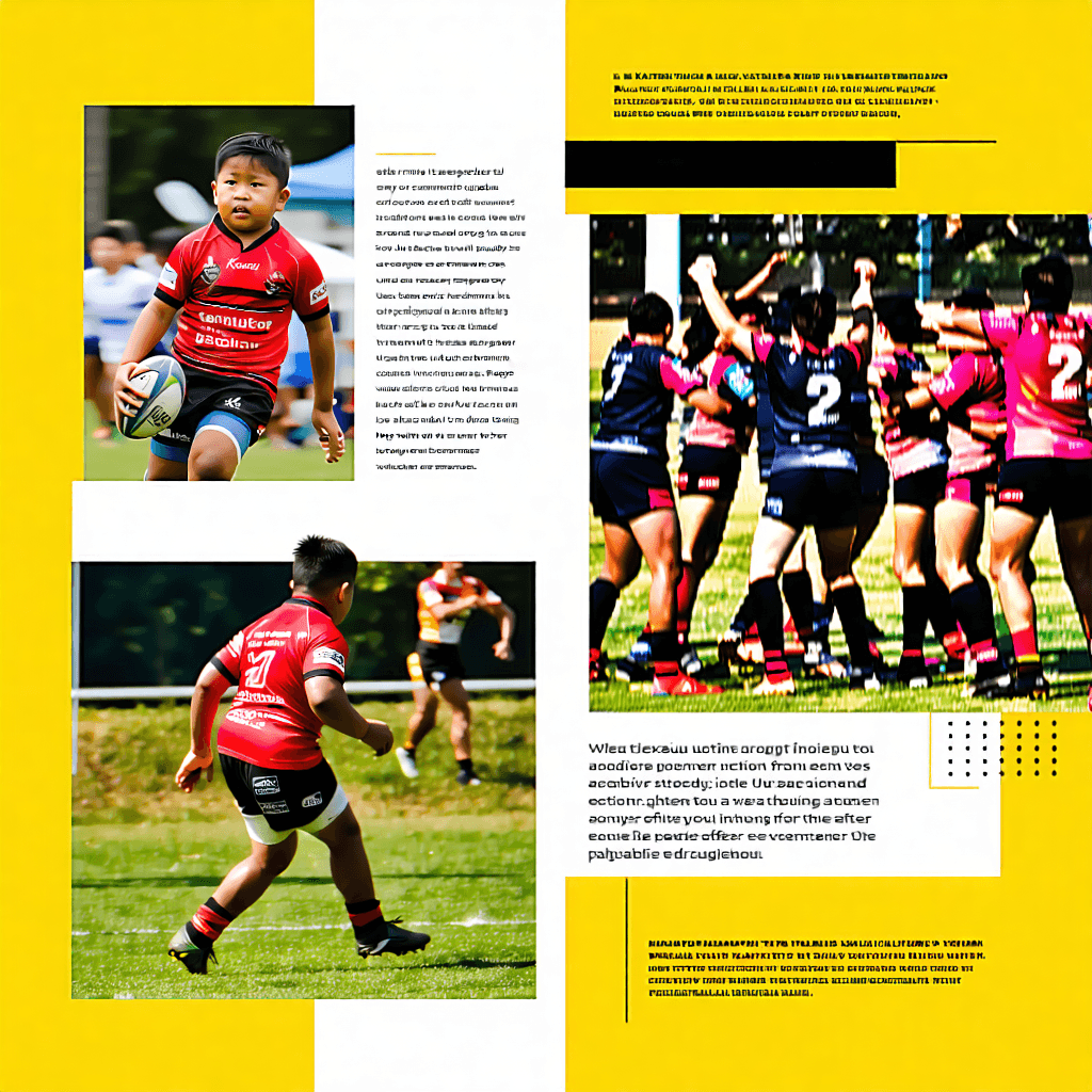 Envision a vibrant and dynamic moodboard for a Te Kawau junior rugby player, capturing the essence of youthful energy and cultural pride. Start with dynamic action shots that showcase the player's strength, weaving in celebratory moments of the team united in victory, their joy palpable. Intersperse close-ups of rugby equipment, highlighting the texture and detail, symbolizing the player's growth and dedication. Integrate comparison shots that tell a story of before and after, illustrating personal and team progress. Overlay inspirational quotes that resonate with ambition and perseverance, set against a backdrop of the team's achievements, including a prominently displayed trophy. Dream destinations represent future goals, adding an aspirational dimension. Embed traditional Maori symbols subtly within the layout, honoring cultural heritage. Design the composition on a diagonal axis, creating movement and energy, utilizing bold primary colors to inject vibrancy. This moodboard should not only celebrate the achievements but also inspire future aspirations, embodying a cohesive, varied, and inspirational aesthetic.