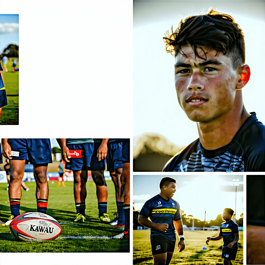 "Create a serene and reflective moodboard for a Te Kawau junior rugby player that captures maturity beyond his years and respect for his cultural roots. Begin with poised still shots, emphasizing the player's stamina, and intertwining moments of the team displaying sportsmanship even in defeat, their resilience evident. Include macro shots of worn-out rugby gear, underscoring the grit and commitment, symbolizing the player's journey and growth. Incorporate contrasting photos that narrate the story of struggle to success, depicting