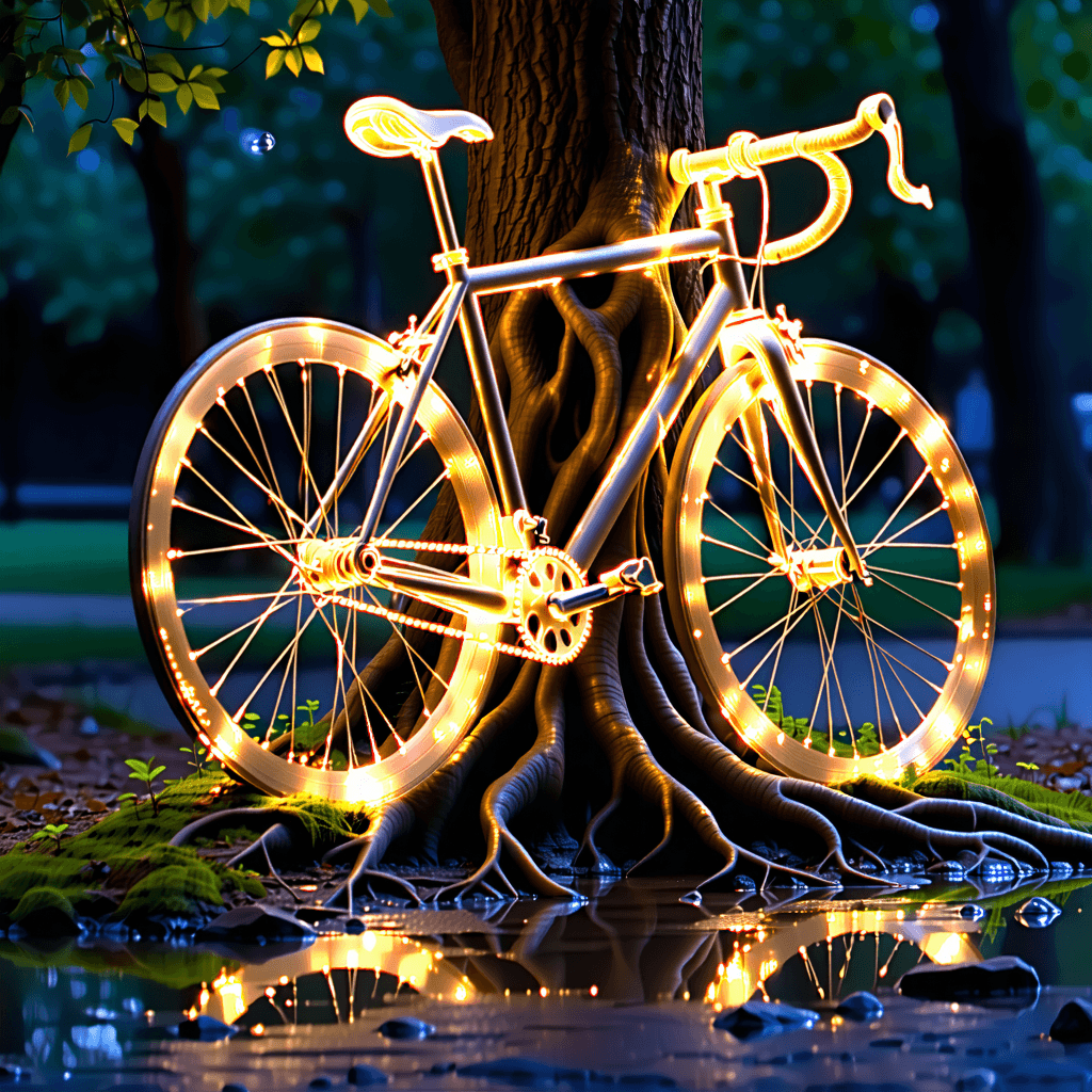 Envision a scene illuminated by the soft, golden glow of twilight, where the main subject, a bike, becomes one with nature in a surreal dance of form and function. This bike, with its reflective metal surfaces, is artfully wrapped around a tree, its structure intertwined with roots that seem to grow through and around it, embodying the cycle of life metaphor. The scene is captured from a bird's eye view, highlighting the dynamic composition with close-up details that emphasize the texture of rust and wear on the bike, contrasting with the smooth, reflective puddles below. These puddles catch the twilight's last rays and the subtle reflections of this intertwined spectacle, while a gentle rainfall adds a layer of freshness to the scene, its droplets creating ripples and further reflections on the water's surface. The earth tones of the scene are enhanced by color grading that complements the natural lighting, blending realism with elements of surrealism through floating elements and the magical quality of the lighting. The focus is on the bike, with a selective depth of field that blurs the background, drawing the viewer's eye to the intricate details and the story they tell.