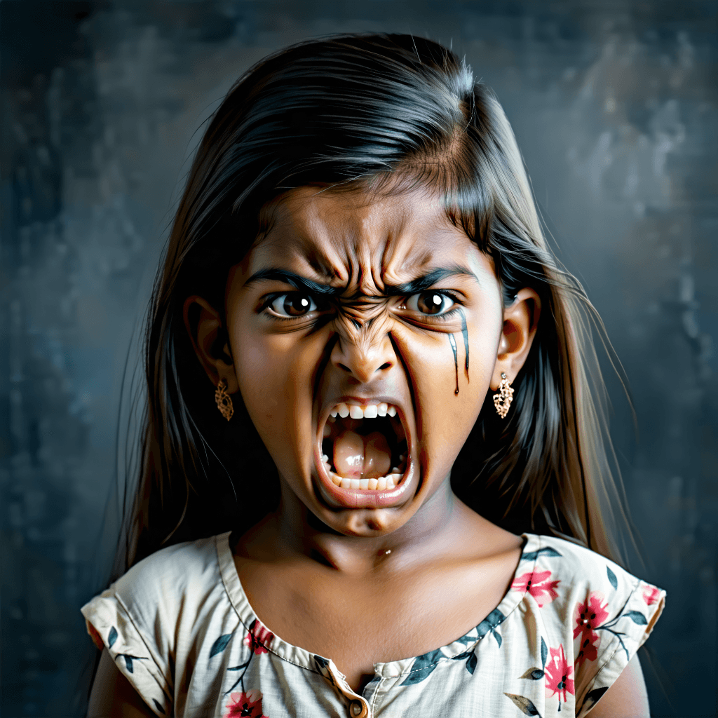 Create a photorealistic image capturing the intense moment of an Indian girl in the throes of a tantrum. She should have straight hair, fair skin adorned with subtle freckles, and a slim face with a soft jawline, accentuated by a button nose and big lips without a cupid's bow. Her facial expression, a vivid portrayal of anger and frustration, should be in sharp focus, with tear streaks subtly marking her cheeks. The lighting is soft and diffused, highlighting her features and casting natural highlights and shadows in her hair, adding depth and realism. She's wearing a simple yet expressive outfit, her fists clenched in a display of emotion. The background should be a soft blur of pastel tones, ensuring the focus remains on her face and the progression of her emotions. The composition is a close-up, emphasizing her facial expression and the dynamics of her emotion, captured in 8k resolution to reveal the finest details, from the texture of her skin to the fabric of her clothing.