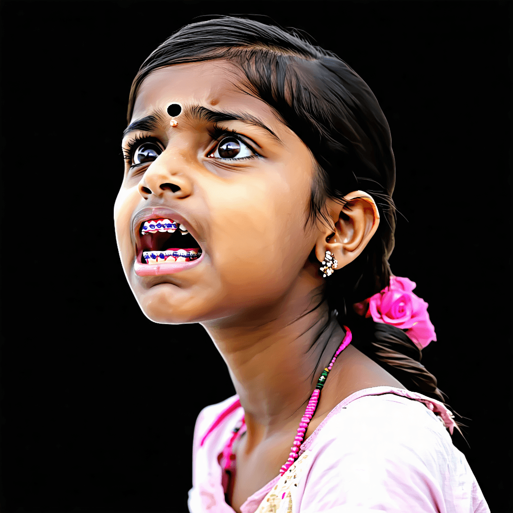 Craft an teenage Indian girl with light skin, straight hair, small eyes, button nose, pink braces, big lips no cupids bow, slim face with a soft jawline throwing a tantrum